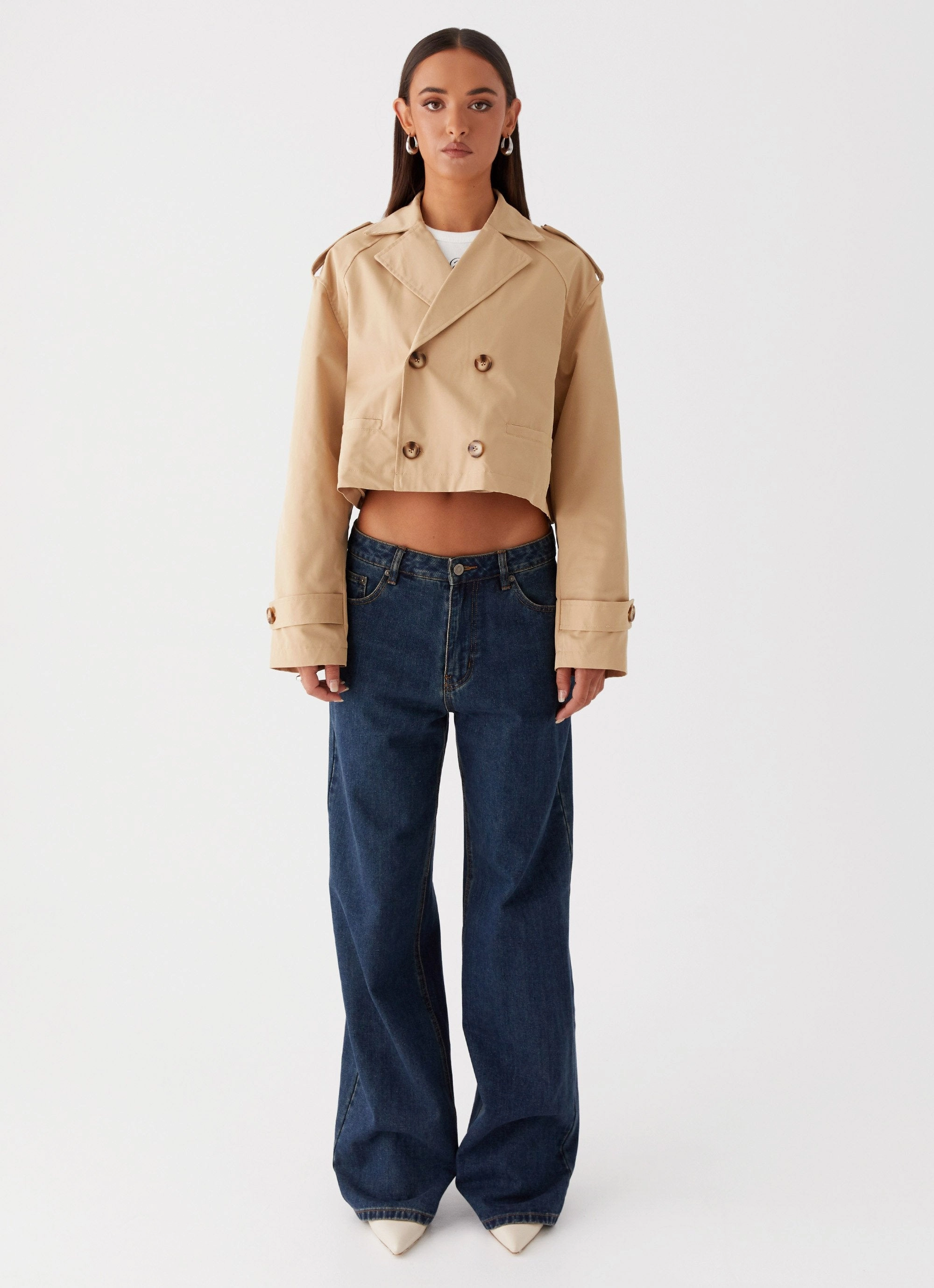 Faux Fur Collar Oversized style Teddie Cropped Trench Coat - Camel