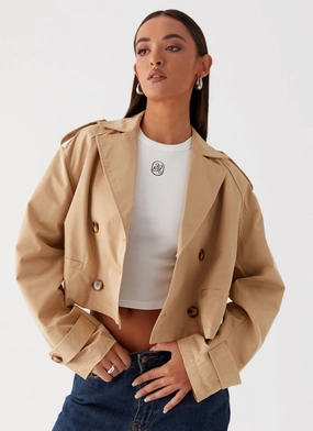 Teddie Cropped Trench Coat - Camel Insulated Padding Casual Fit Silhouette