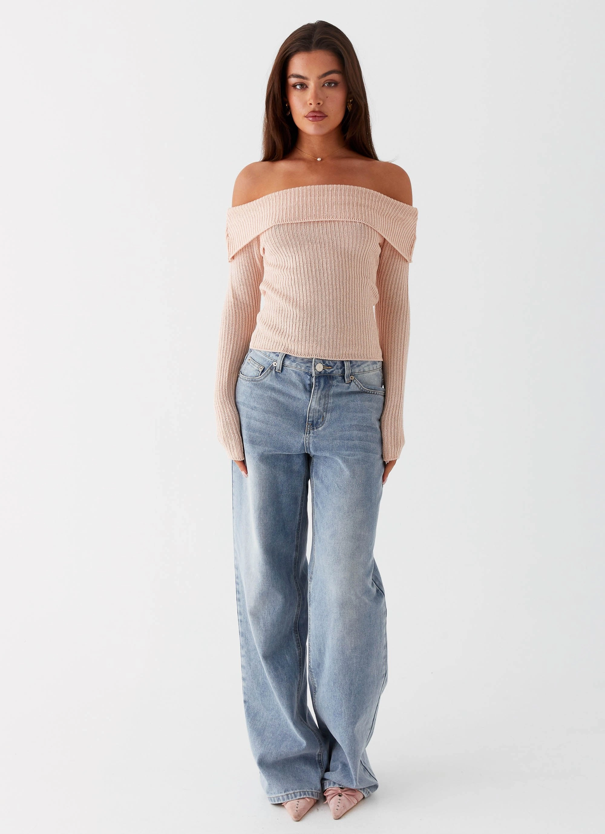 Office Look Layered Neckline Details Rina Long Sleeve Knit Top - Blush