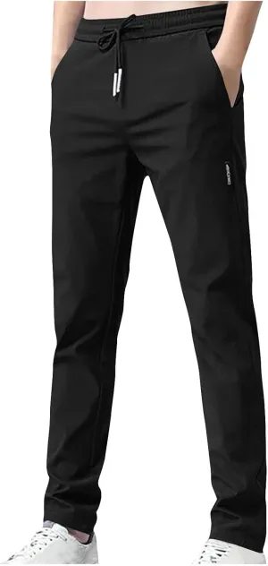 RKSTN Mens Fashion Spring Summer Pants with Pockets Drawstring Elastic Waist Trousers Slim Ice Silk Casual Long Pant