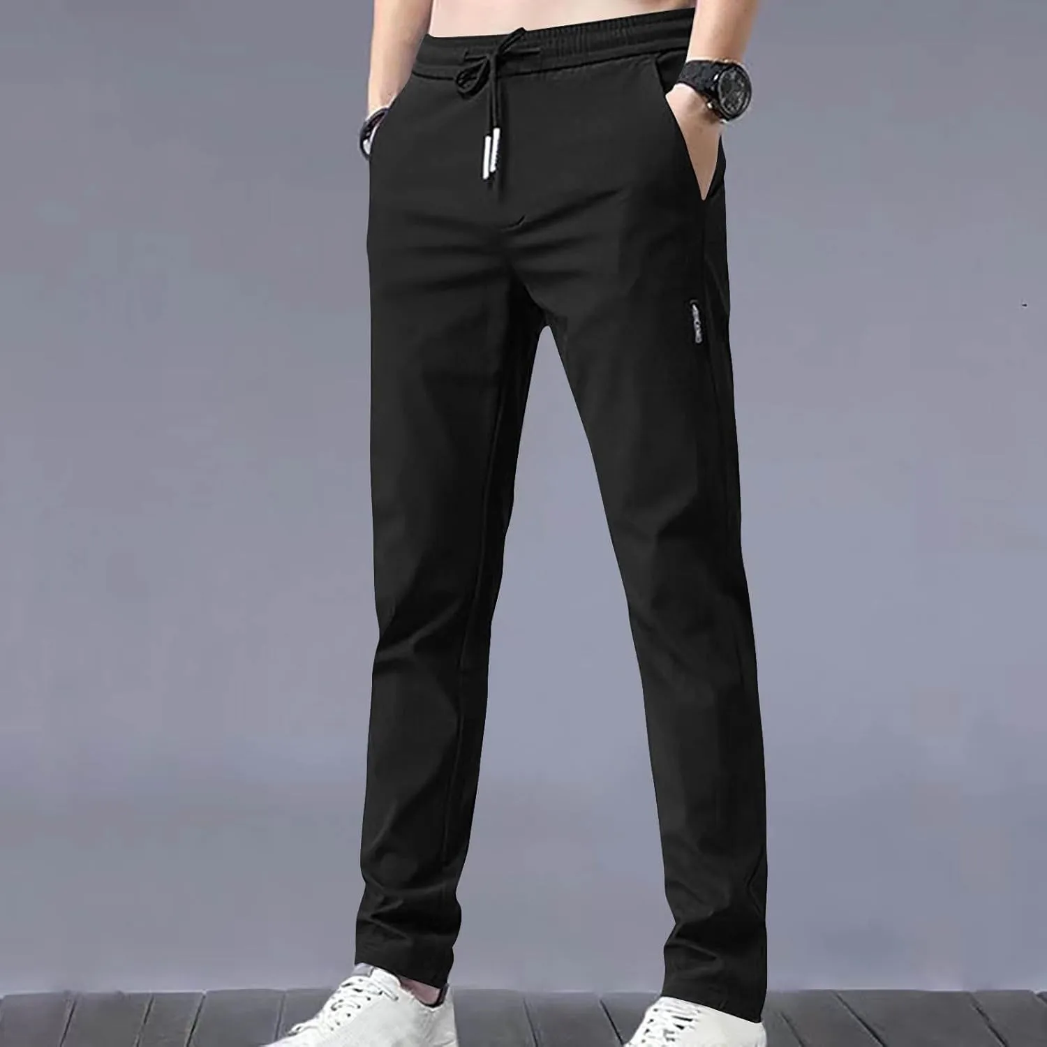RKSTN Mens Fashion Spring Summer Pants with Pockets Drawstring Elastic Waist Trousers Slim Ice Silk Casual Long Pant