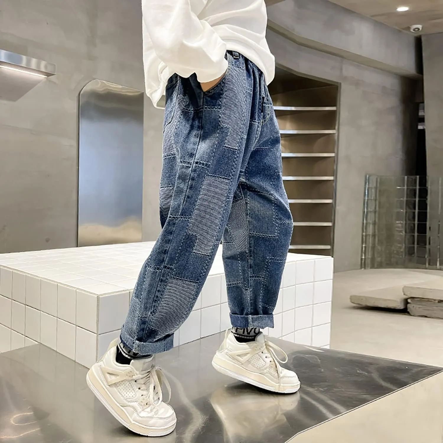 Rolanko Boys Baggy Jeans Elastic Straight fit Stretch Denim Pants Loose Kids Clothes 4-14 Years