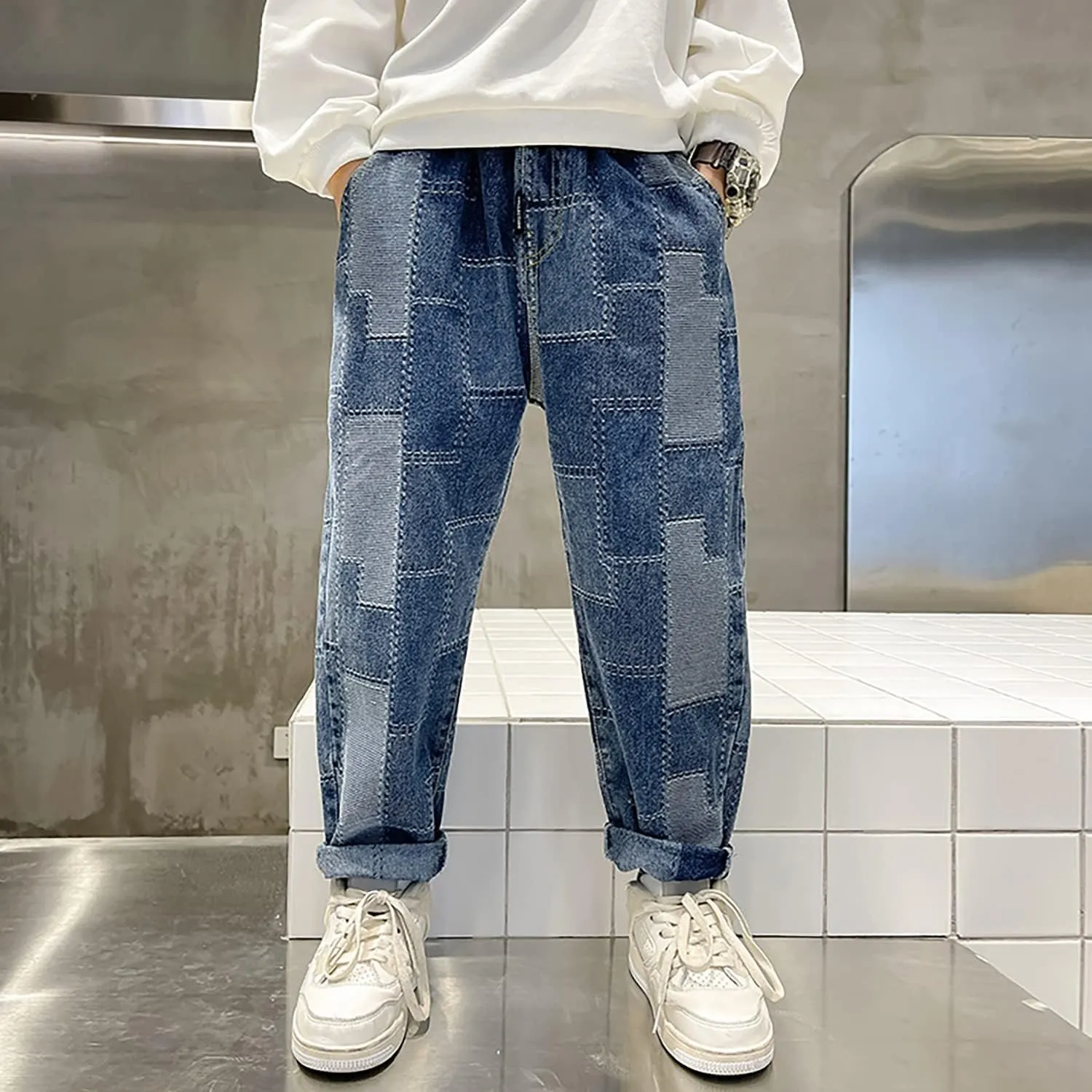 Rolanko Boys Baggy Jeans Elastic Straight fit Stretch Denim Pants Loose Kids Clothes 4-14 Years