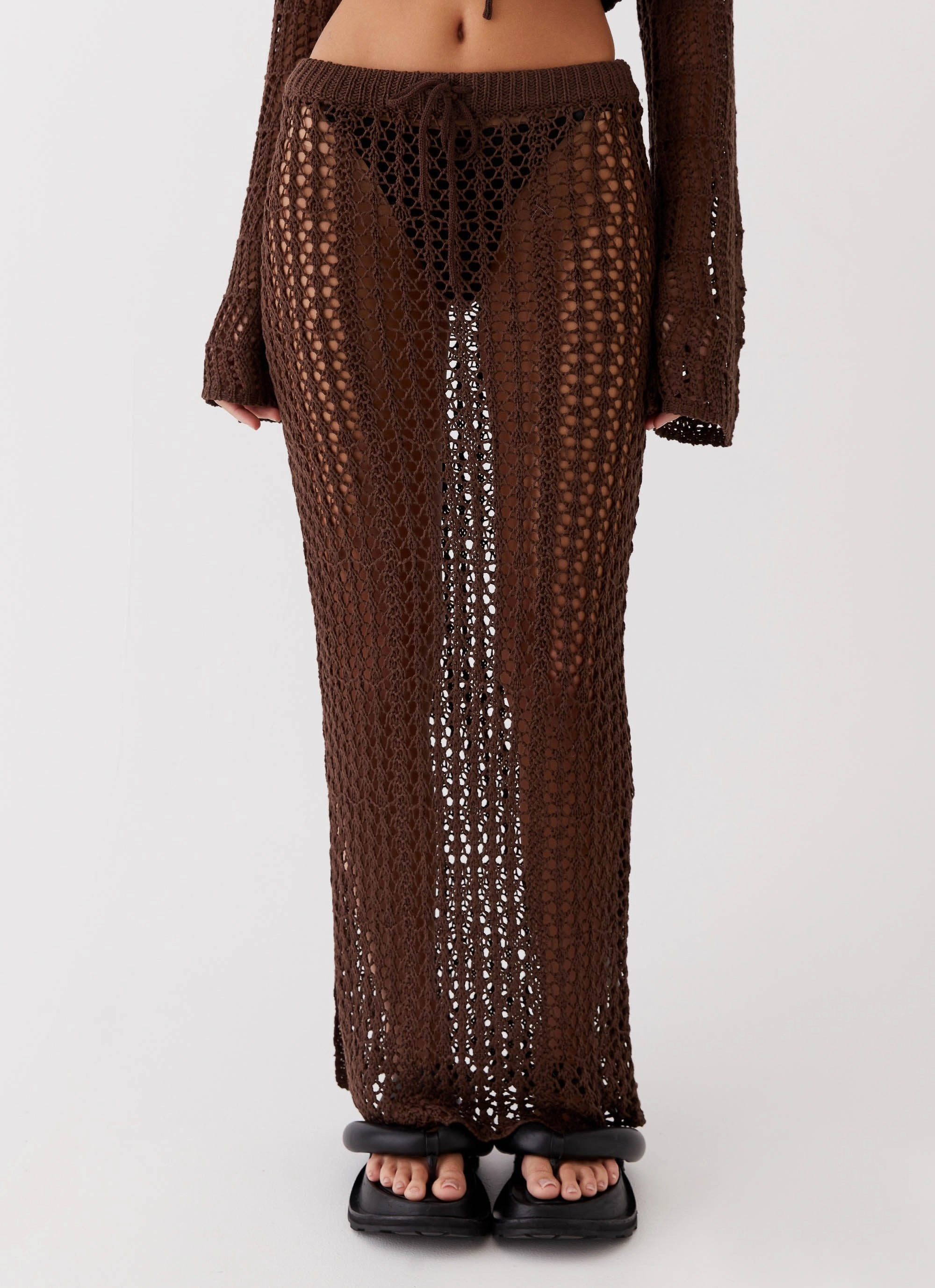 Abrasion Resistant Edges Adjustable drawstring Rosalina Crochet Maxi Skirt - Chocolate