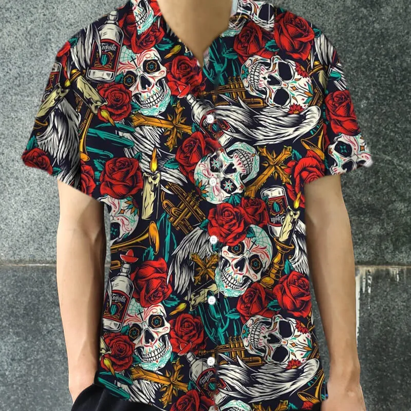 Rose Sugar Skull Polyester Hawaiian Shirt