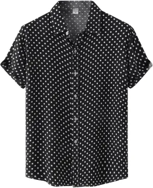 RTRDE Men's Short Sleeve Button Down Shirts Printed Cotton Linen Top Polka Dot Print Lapel Short Shirt Up Shirts