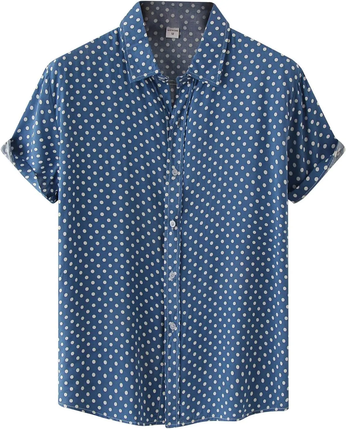 RTRDE Men's Short Sleeve Button Down Shirts Printed Cotton Linen Top Polka Dot Print Lapel Short Shirt Up Shirts