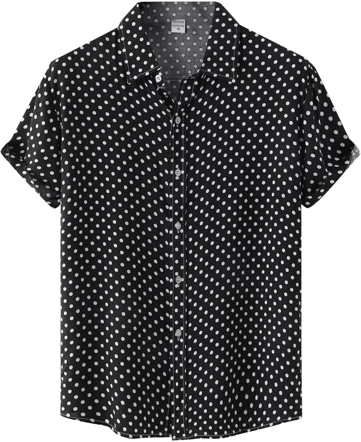 RTRDE Men's Short Sleeve Button Down Shirts Printed Cotton Linen Top Polka Dot Print Lapel Short Shirt Up Shirts