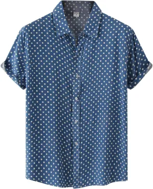 RTRDE Men's Short Sleeve Button Down Shirts Printed Cotton Linen Top Polka Dot Print Lapel Short Shirt Up Shirts