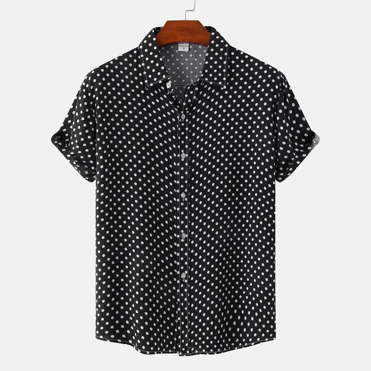 RTRDE Men's Short Sleeve Button Down Shirts Printed Cotton Linen Top Polka Dot Print Lapel Short Shirt Up Shirts