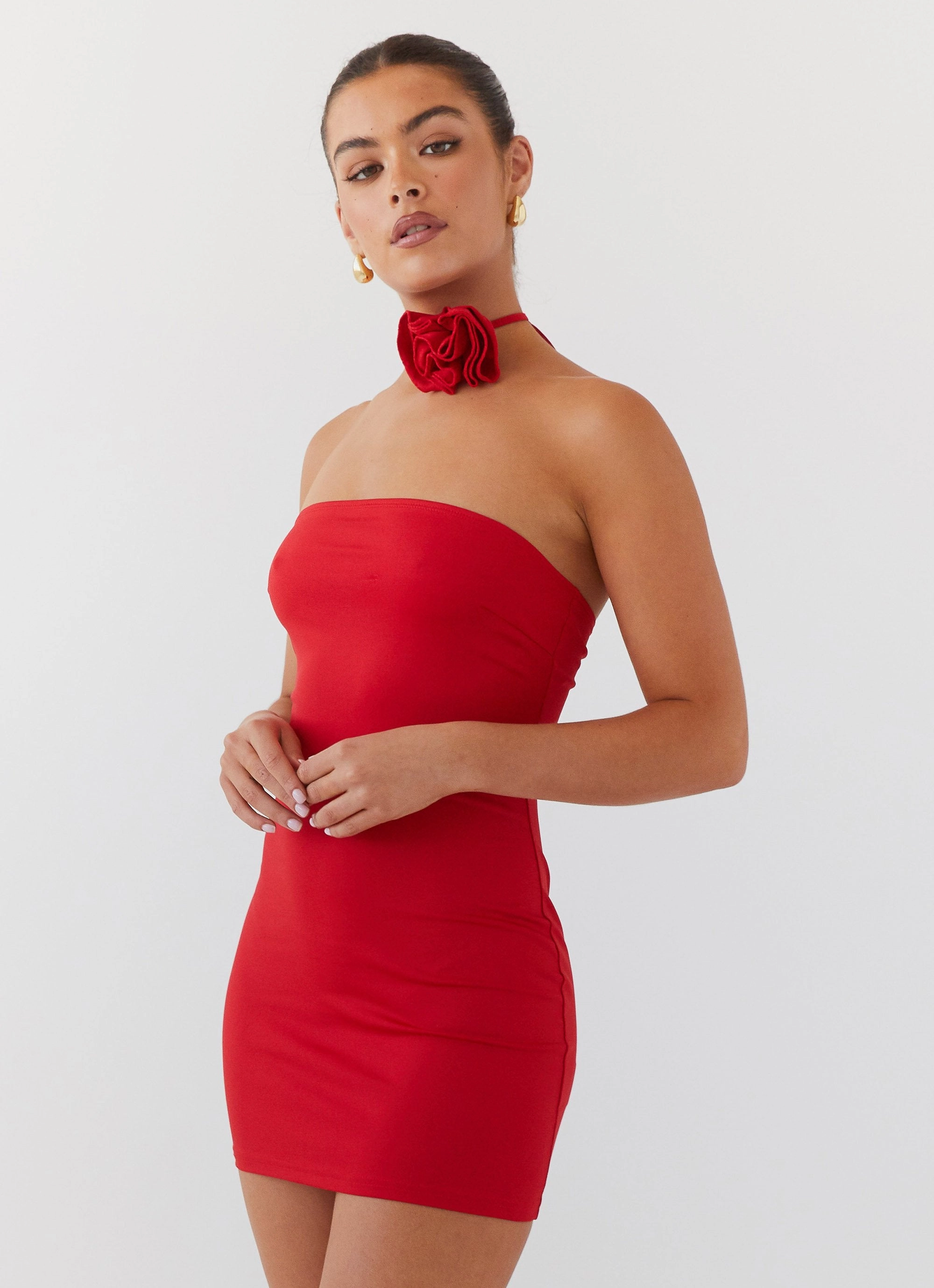 Boho Mood Editor??s-Pick Ruby Glamour Rose Mini Dress - Rouge Red