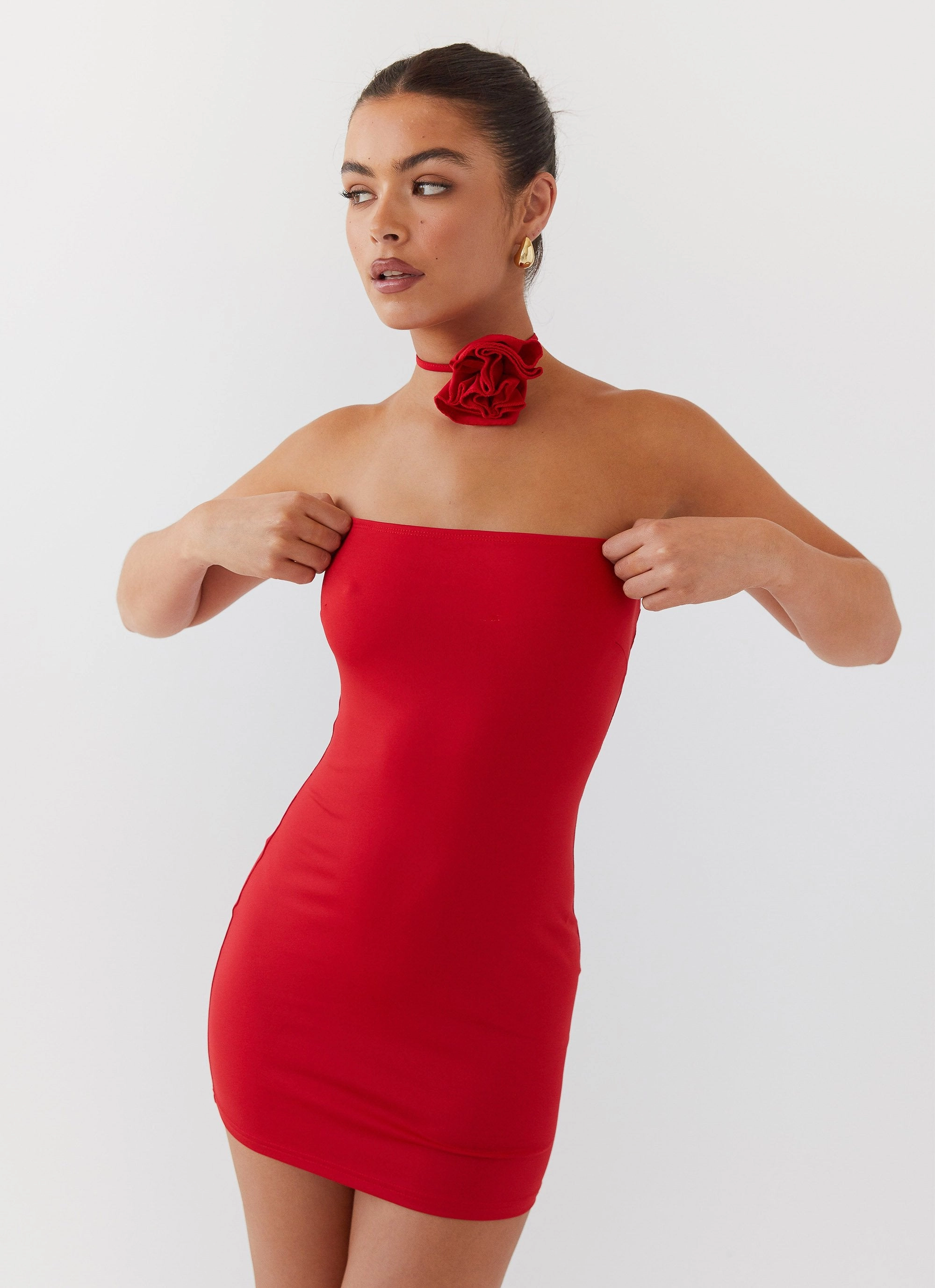 Ruby Glamour Rose Mini Dress - Rouge Red Body Flow Sister Glow