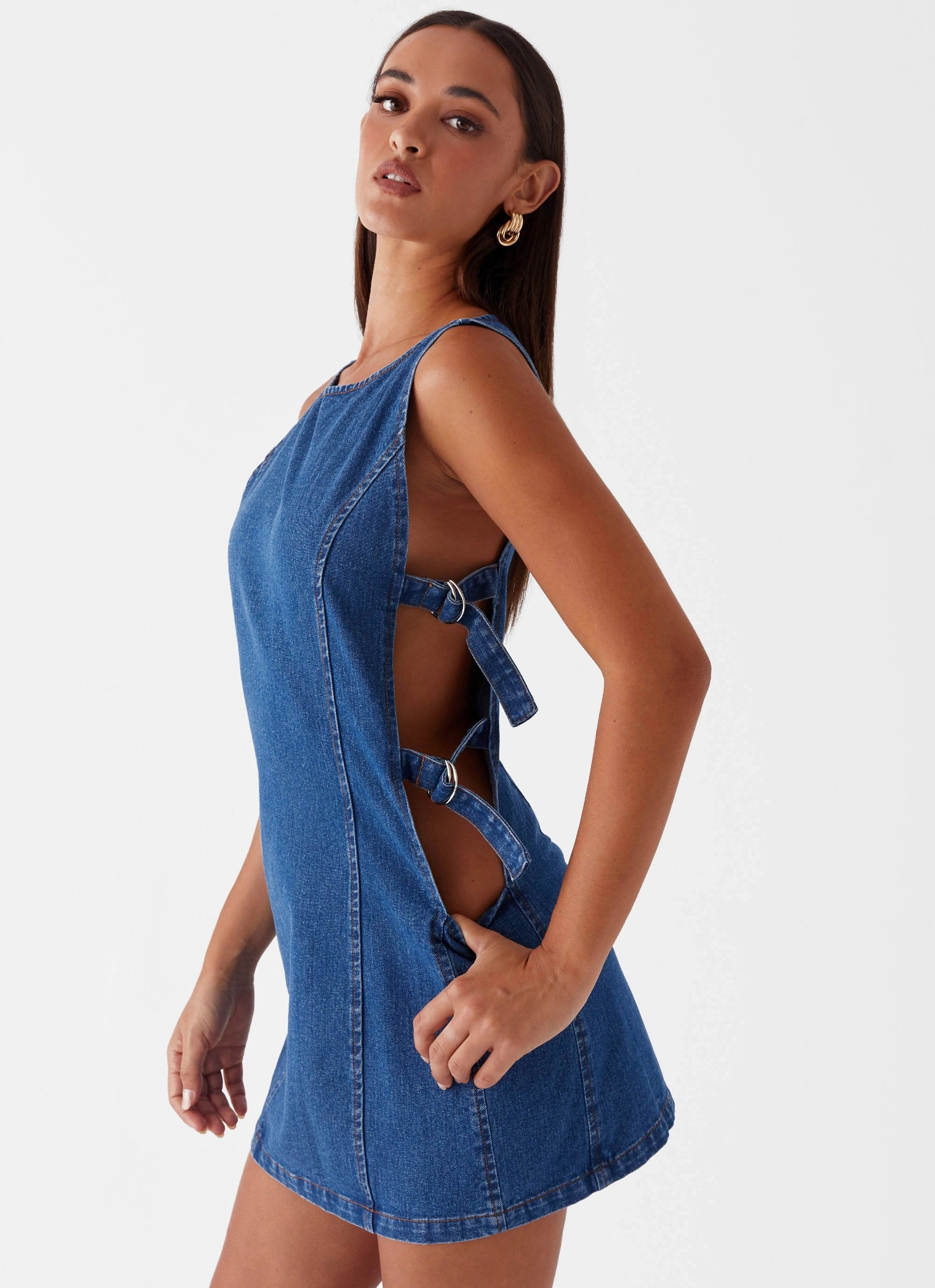 Cherish You Denim Mini Dress - Blue Denim Sleek Outline Lace Fine