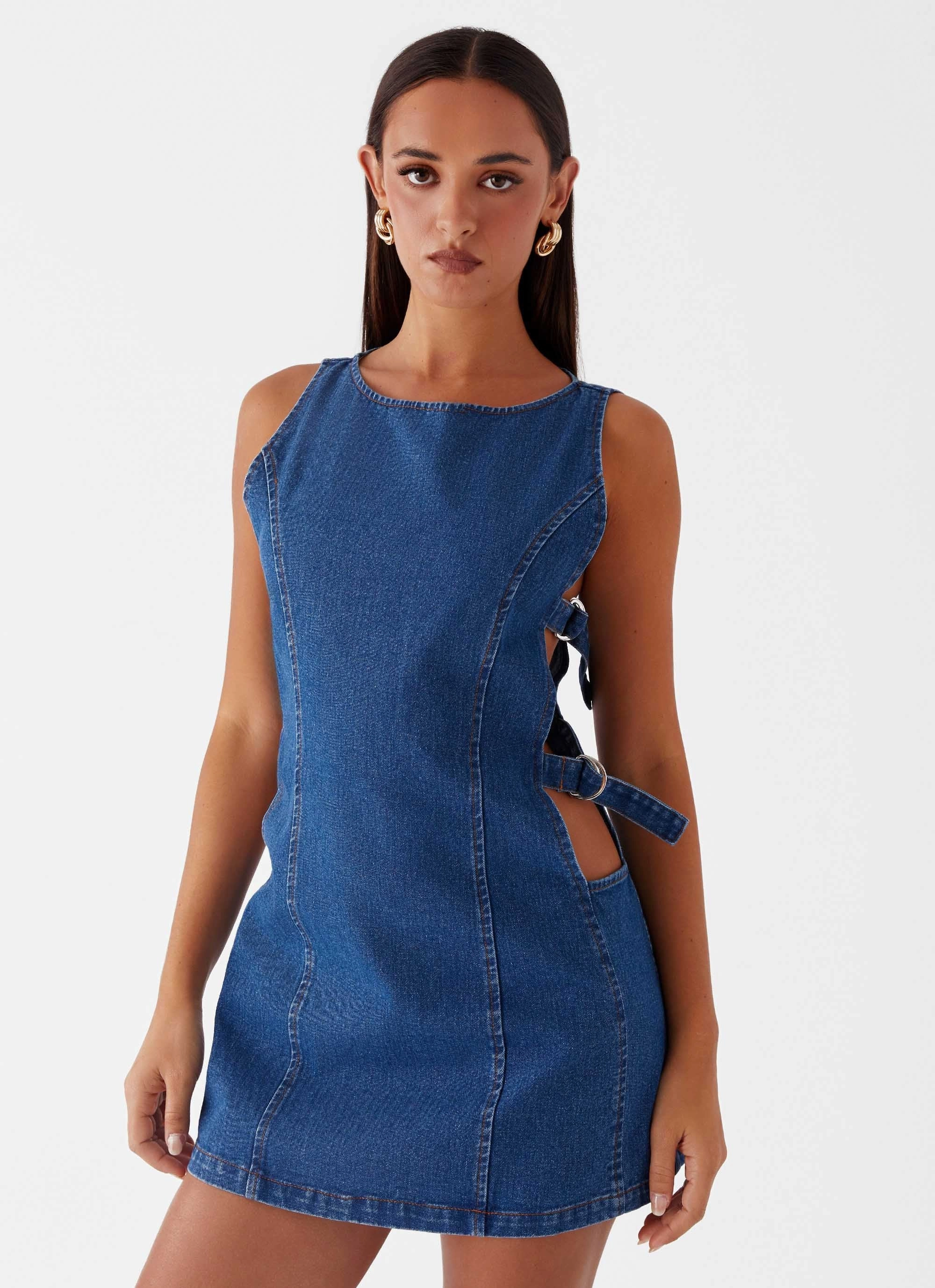 Cherish You Denim Mini Dress - Blue Denim Chill Style Gathered-Detail