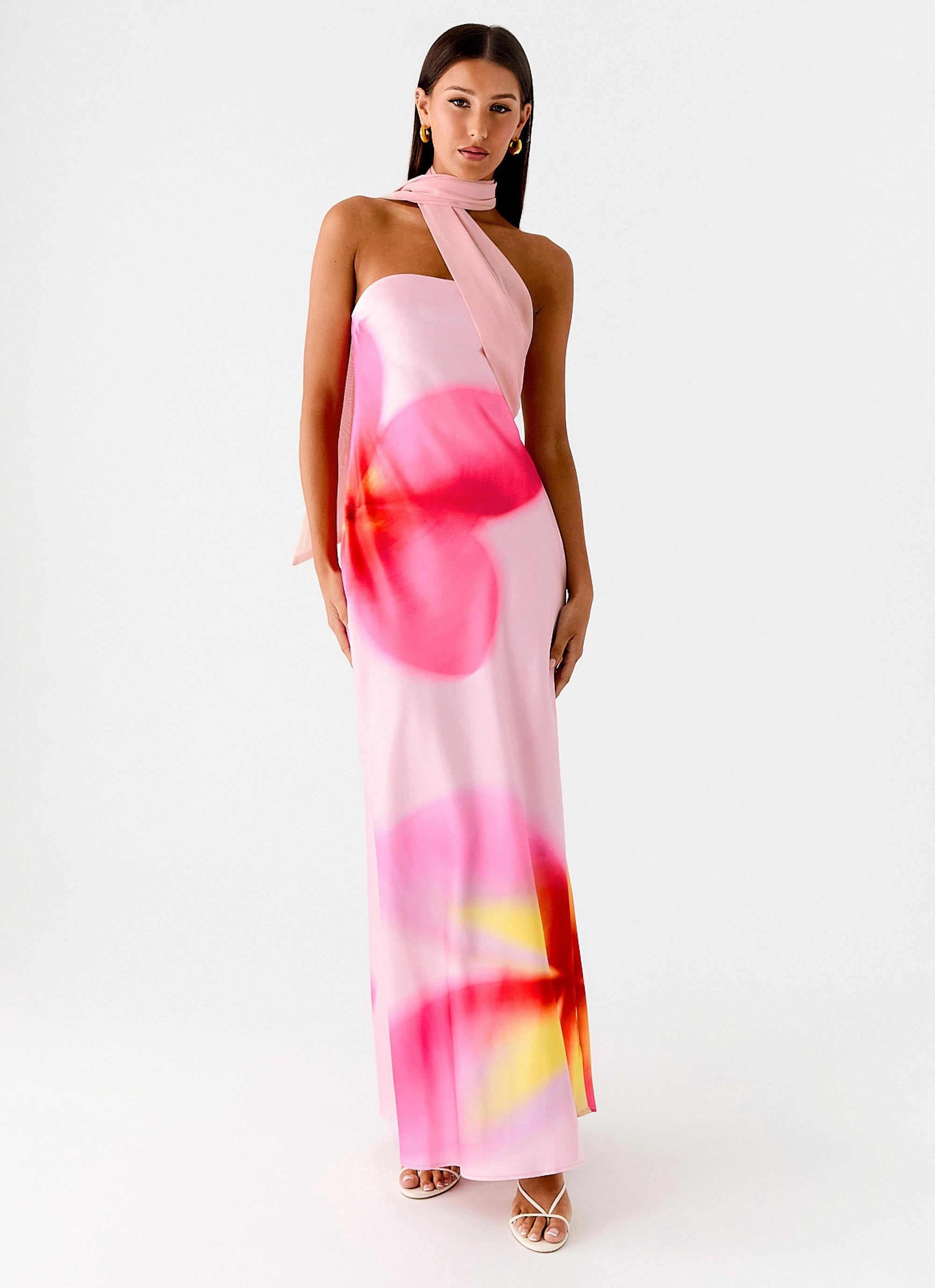 Isa Scarf Satin Maxi Dress - Frangipani Pink Easy Movement Gentle Drape
