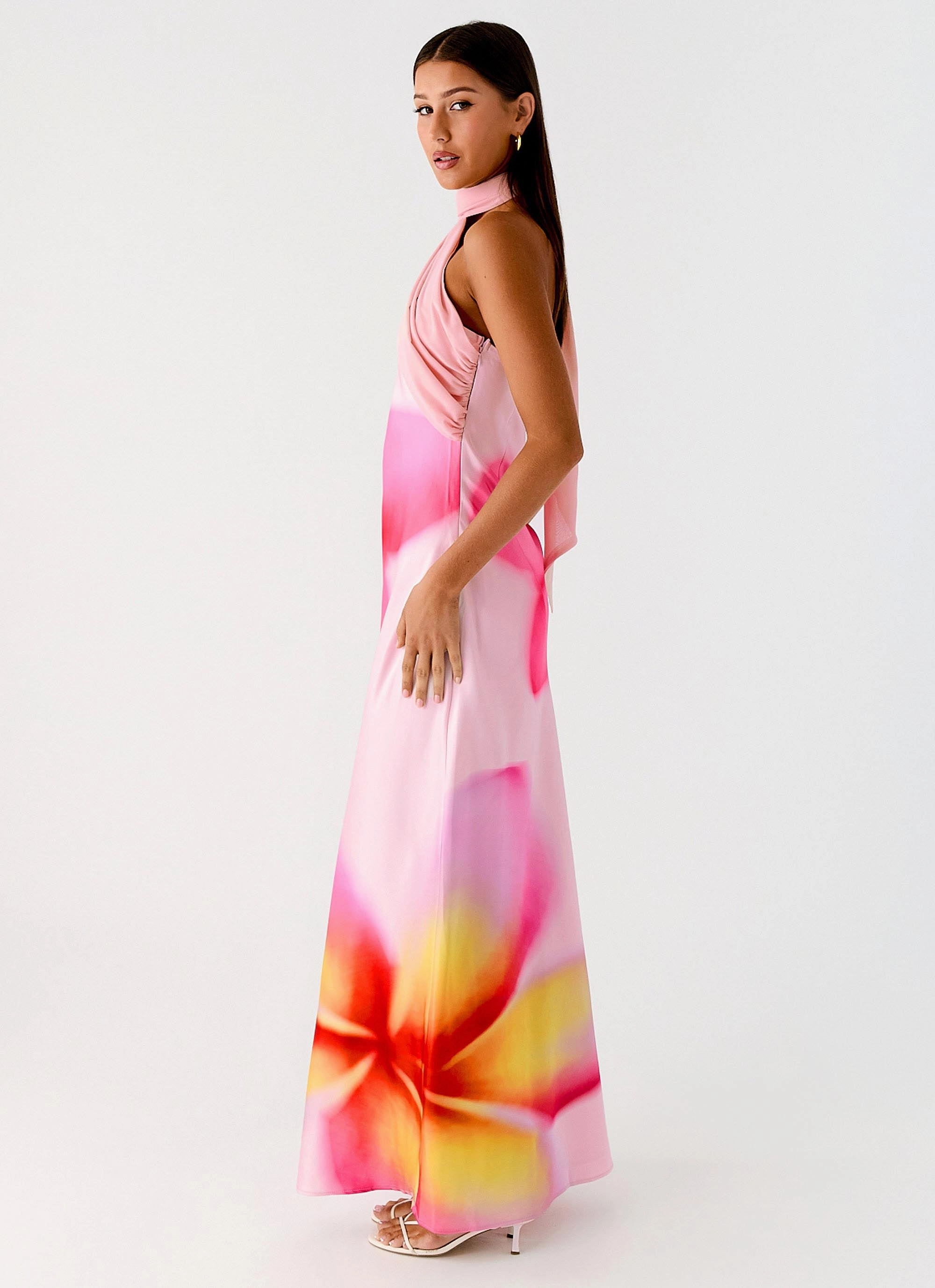 Isa Scarf Satin Maxi Dress - Frangipani Pink Clean Cut Bold Elegance