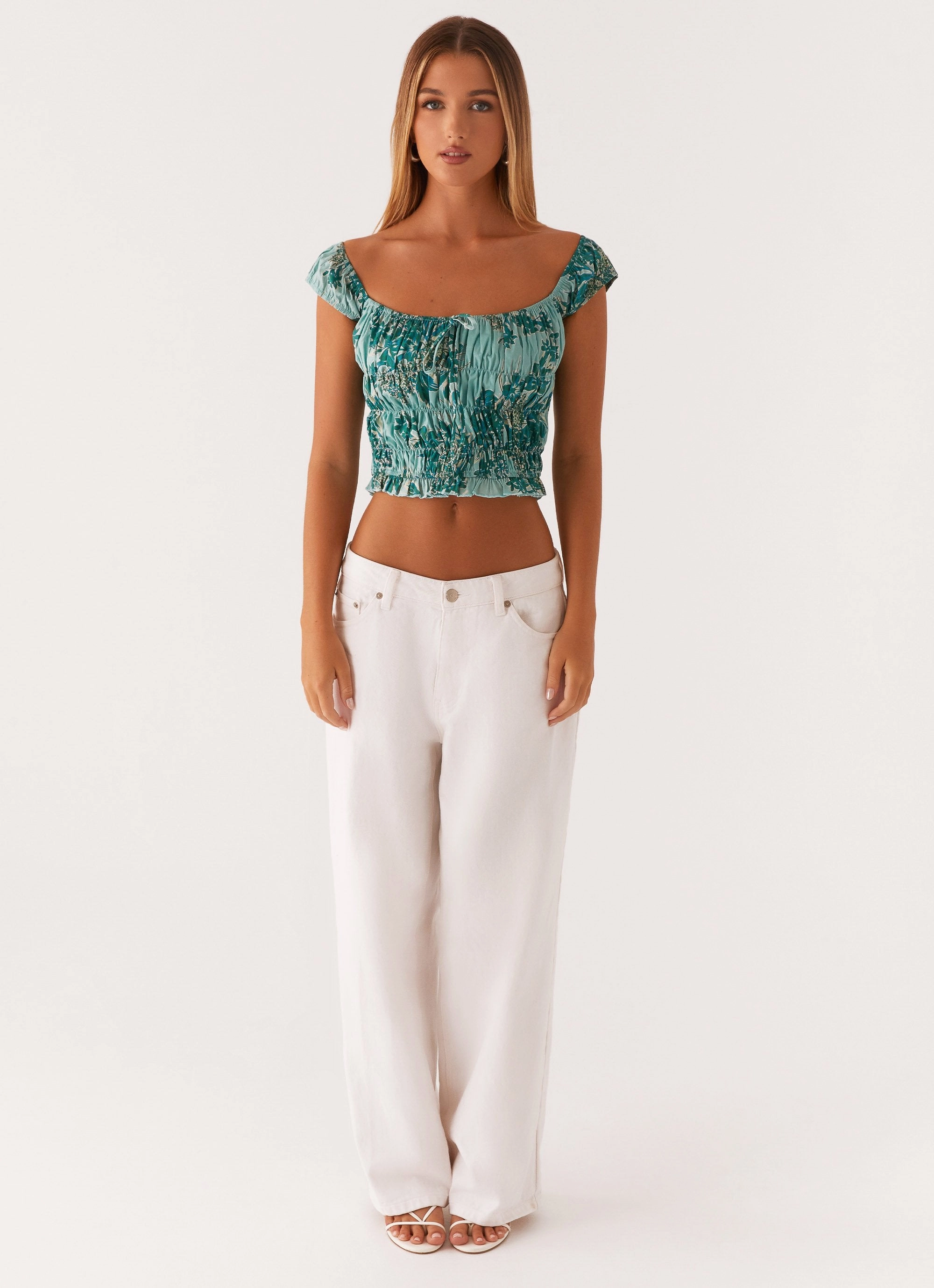 Rumors Off Shoulder Top - Cloud Nine Floral SeamlessKnitConstruction Tactile Soft Texture