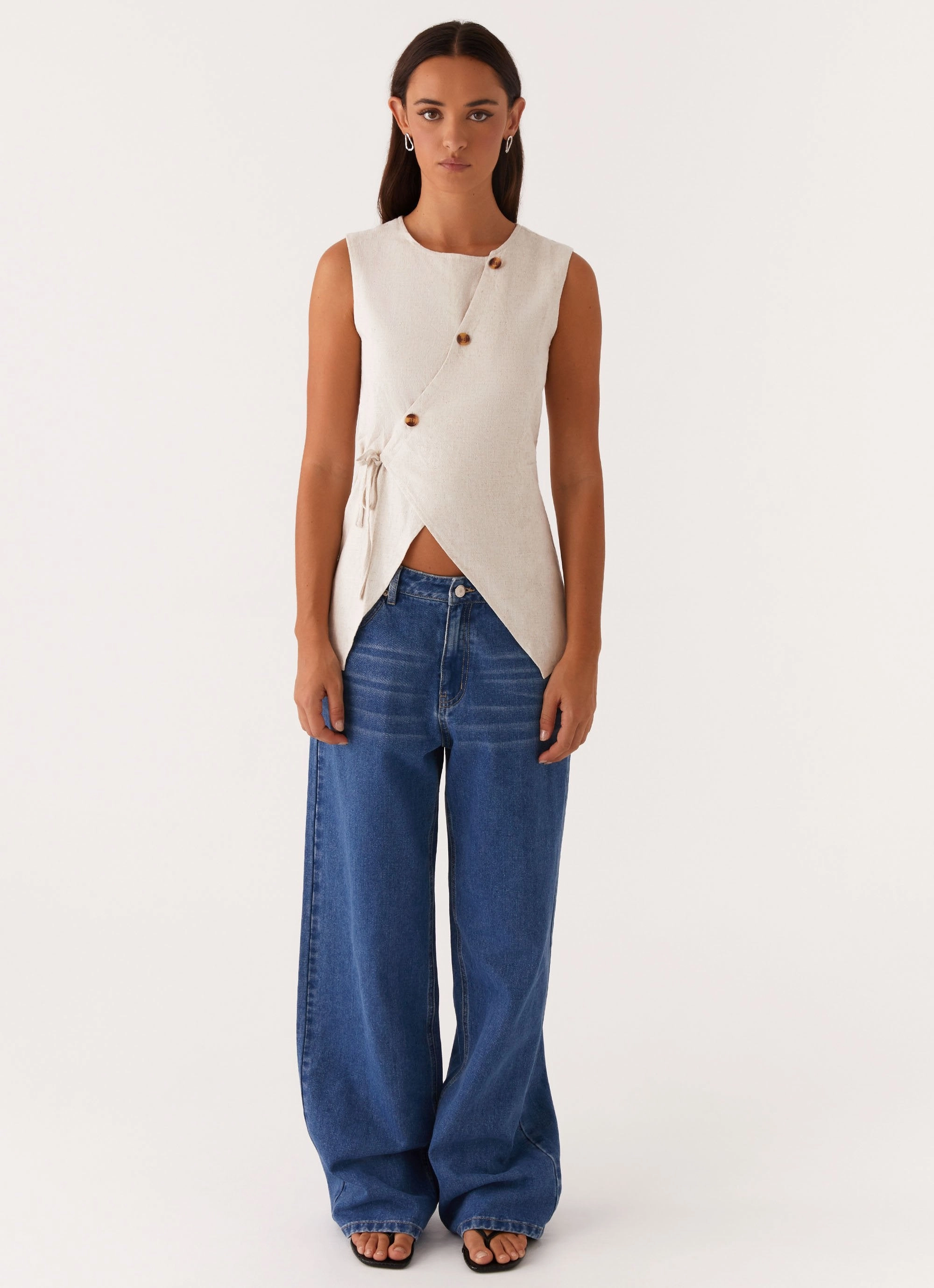 Machine Washable Fabric Runaway Button Tie Vest - Oatmeal