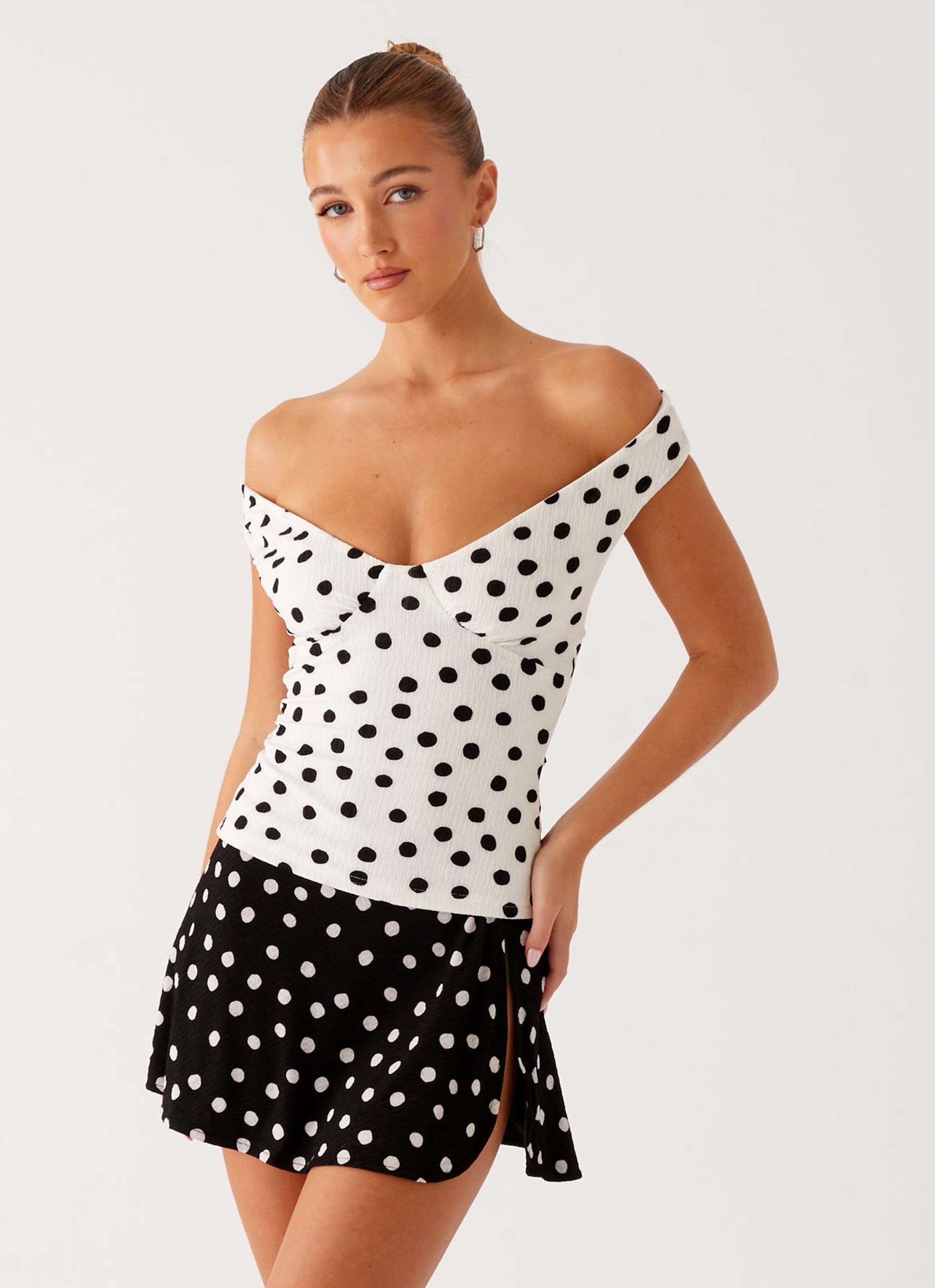 Rylie Top - White Polka Dot Soft Blended Fabric Ribbed collar