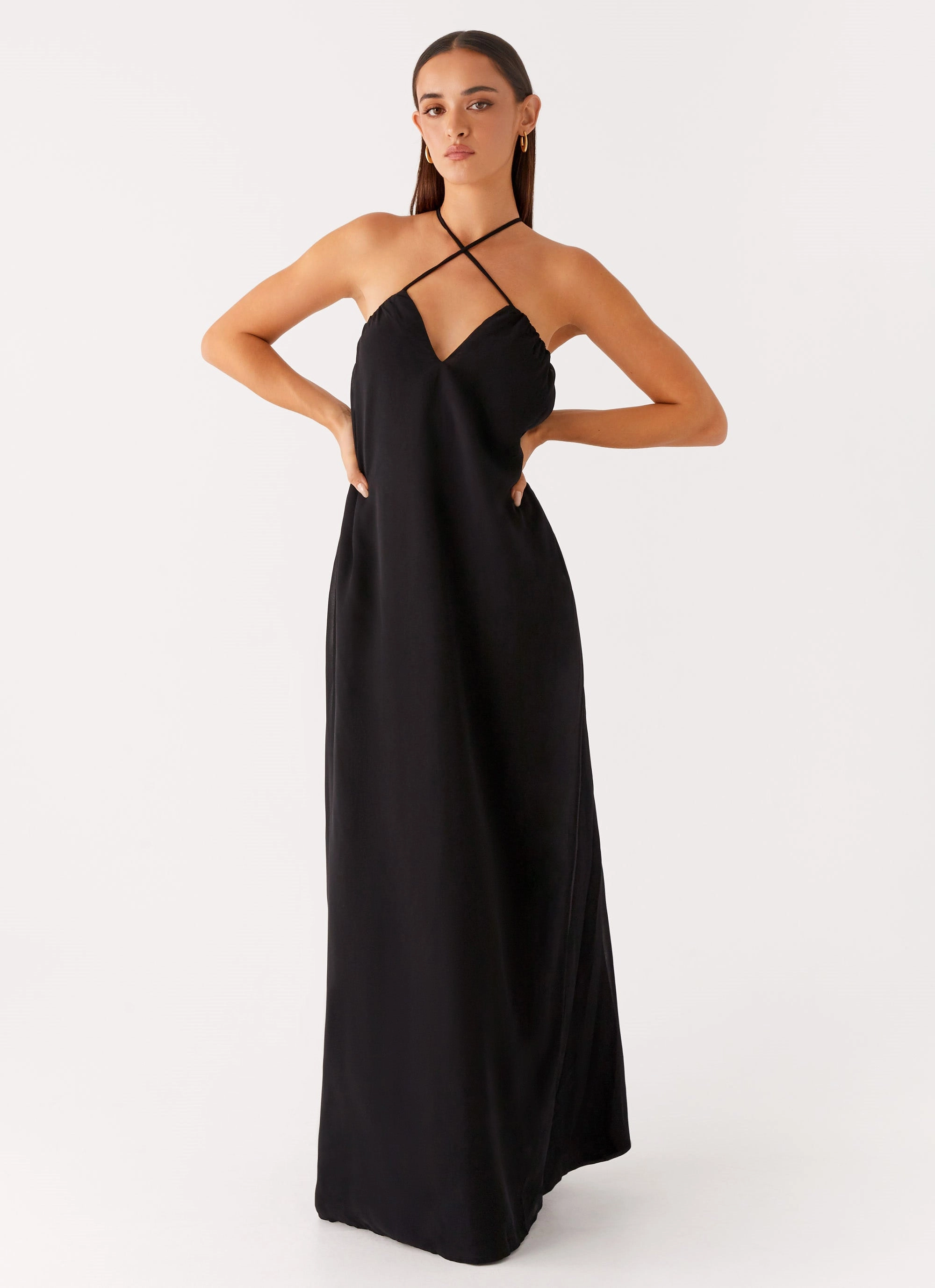 Lace Detail Bold Color Saba Maxi Dress - Black