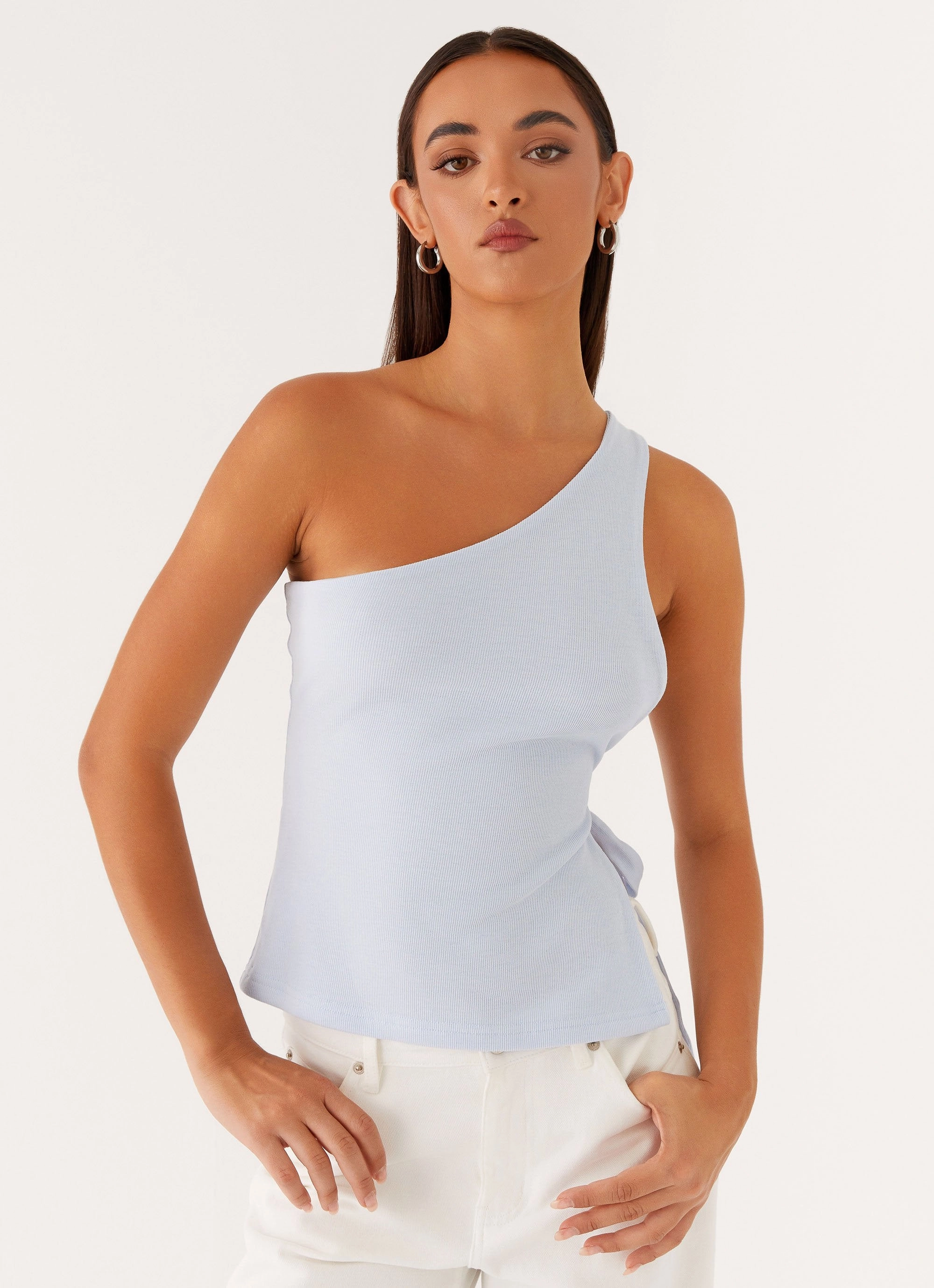 Shrinkage Prevention Treatment Safiya One Shoulder Top - Blue
