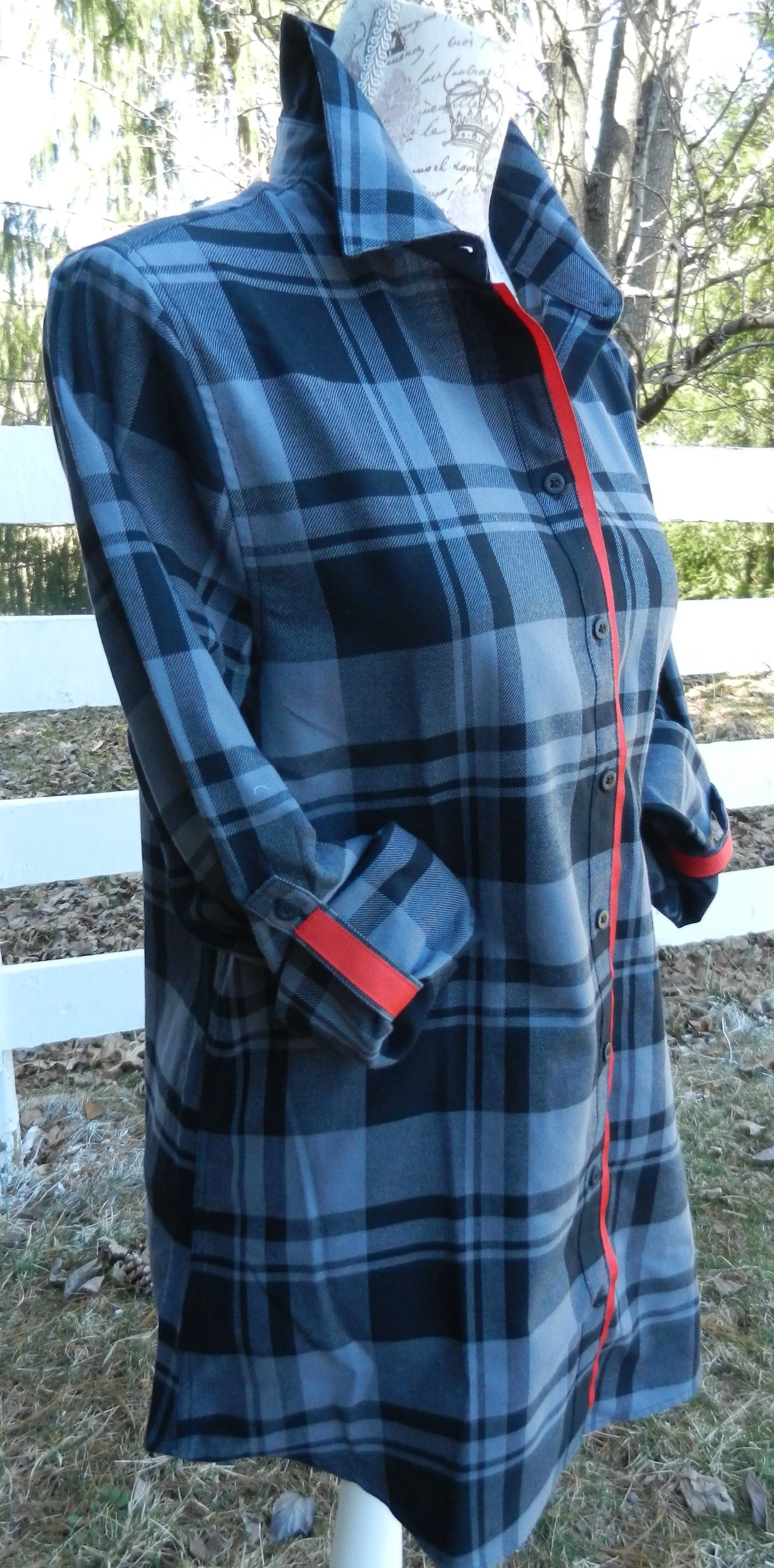 SALE - XL ONLY - Saturday Tunic Grey Plaid w Red Ribbon (Sat Grey-Red) *FINAL SALE*
