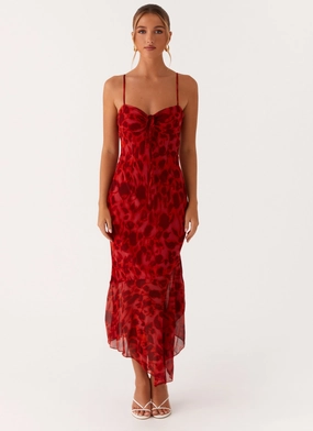 Sally Midi Dress - Deep Red Floral Soft Layers Relaxed Fit