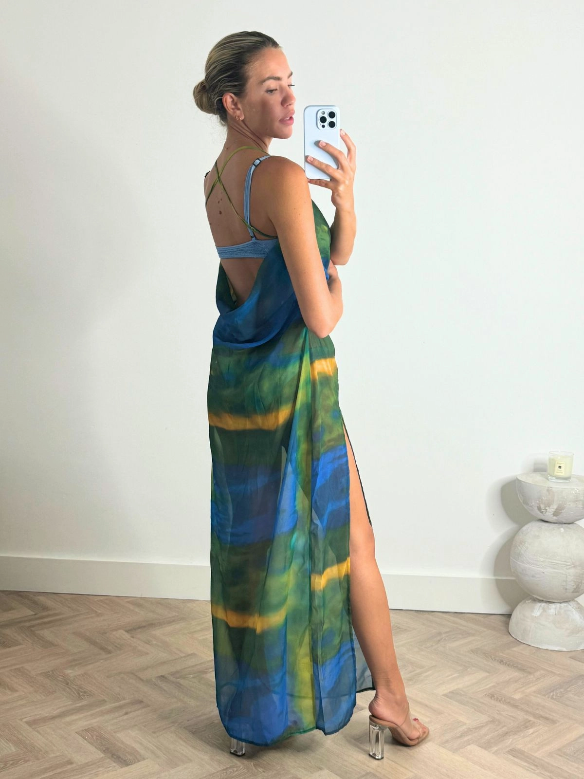 Sanchia Cowl Neck Maxi Dress in Blue and Green Event Safe Pleat Breeze