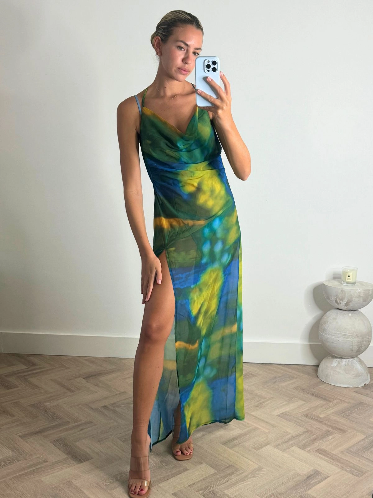 Sanchia Cowl Neck Maxi Dress in Blue and Green Flexible Design Simple Spirit