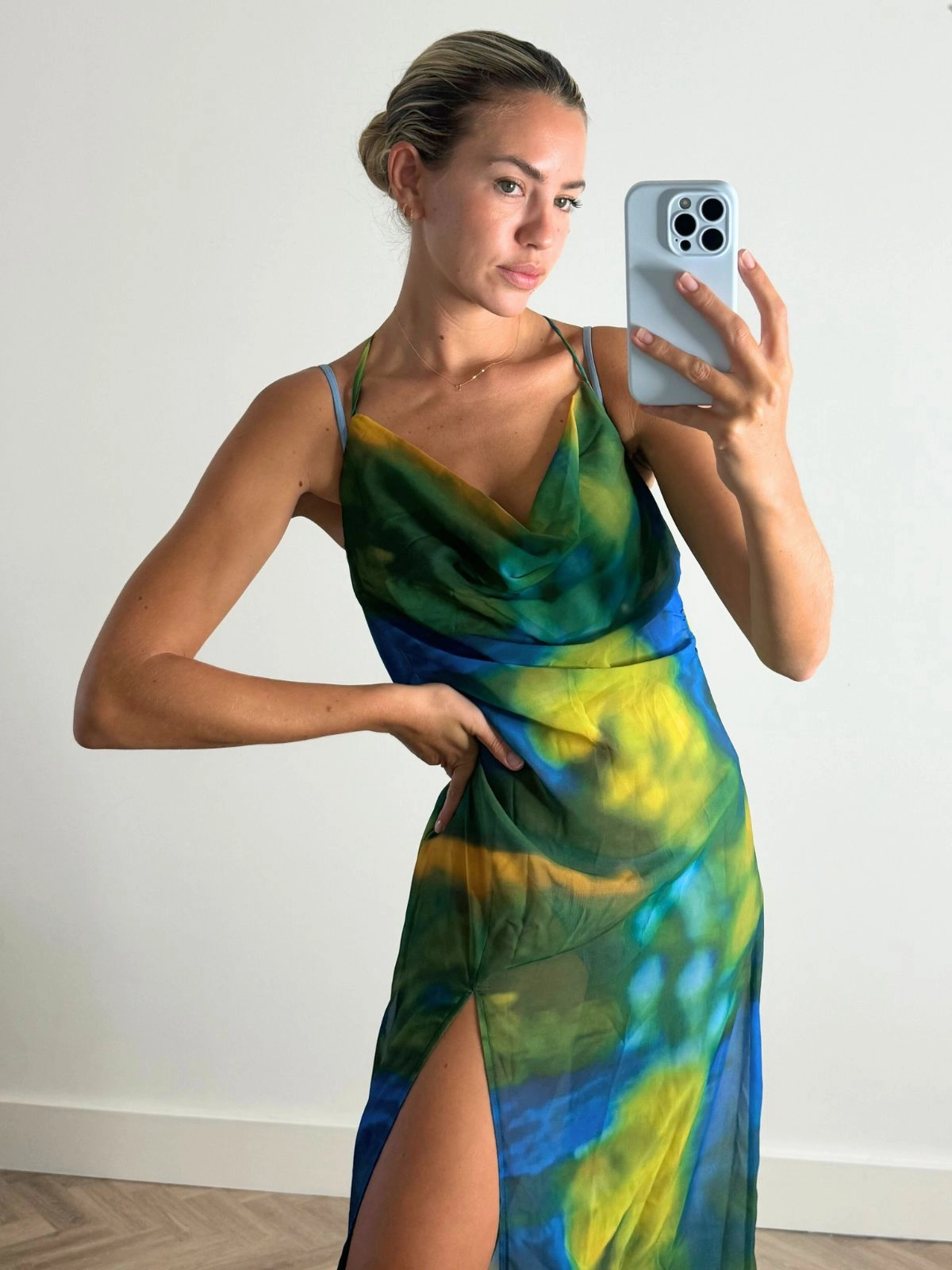 Sanchia Cowl Neck Maxi Dress in Blue and Green Textured Look