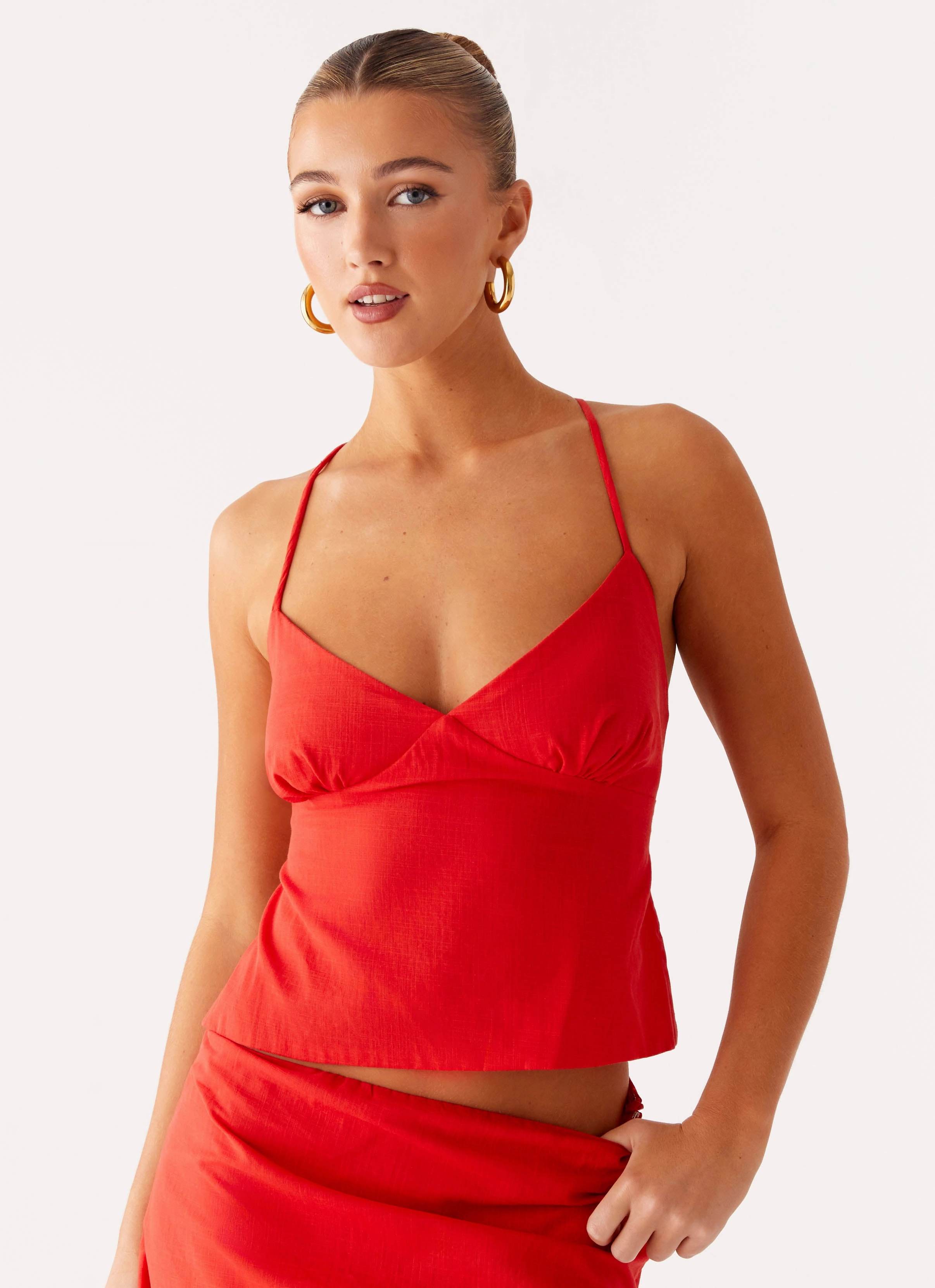 Easy Wear Reinforced Neckline Detail Sangria Top - Tomato