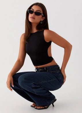 Contrast Stitch Saskie Crop Top - Black