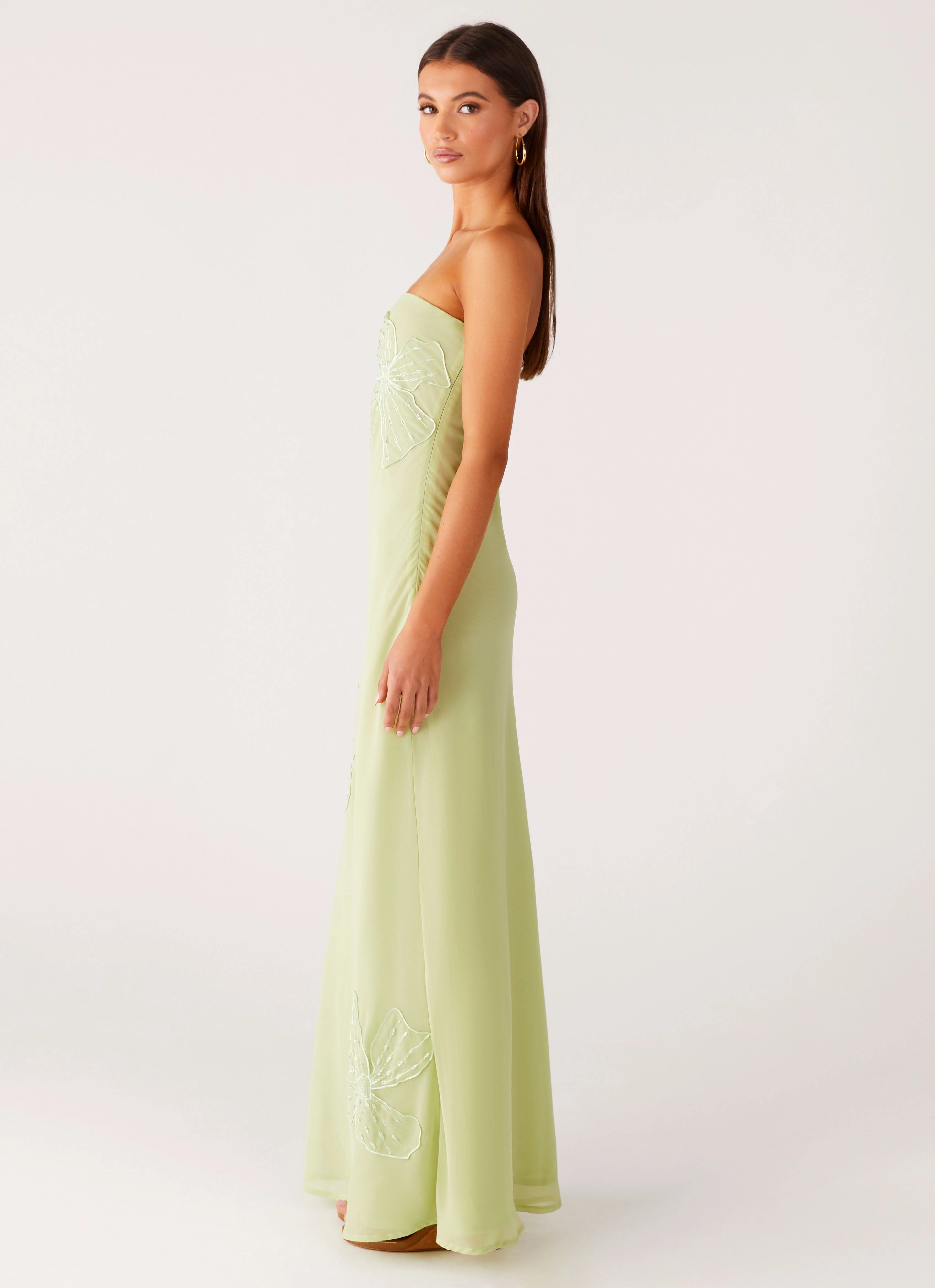 Soft Flow Silky Silhouette Sassafras Beaded Flower Strapless Maxi Dress - Lime