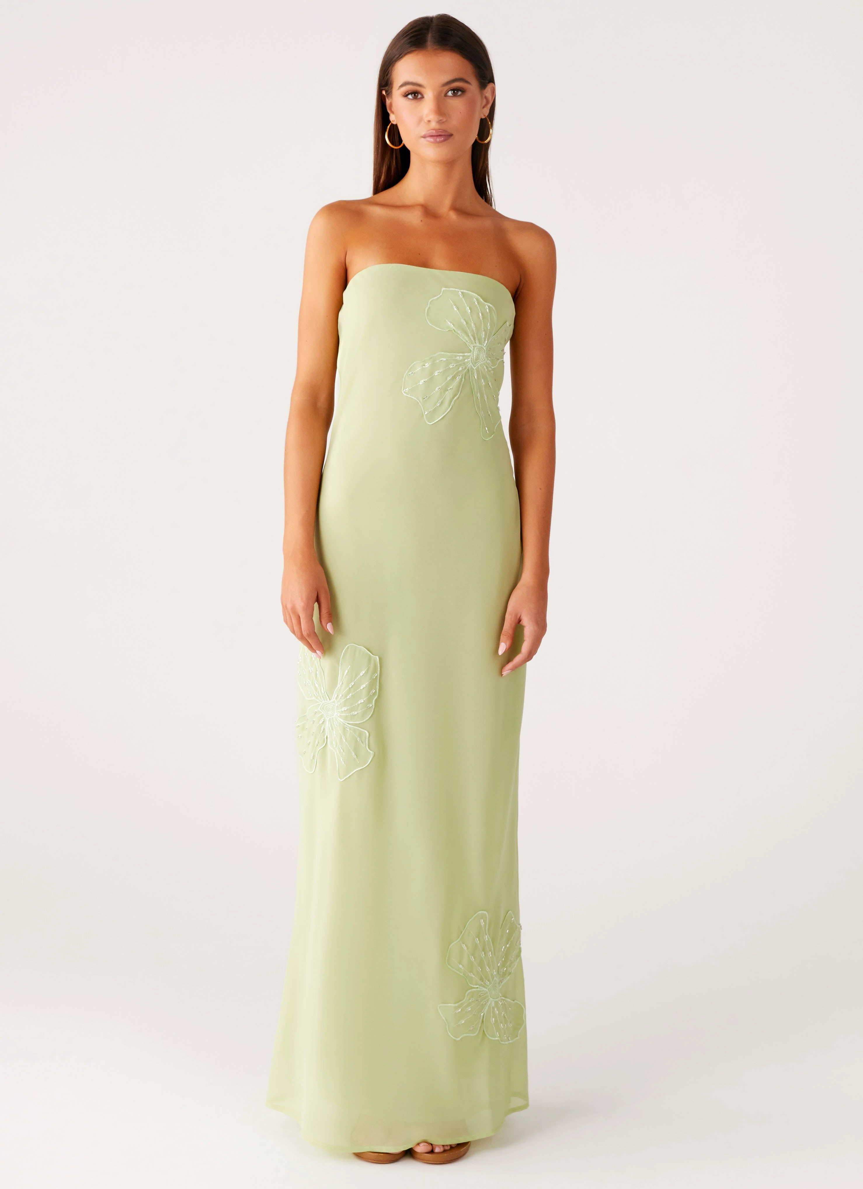 Sassafras Beaded Flower Strapless Maxi Dress - Lime Versatile-Style