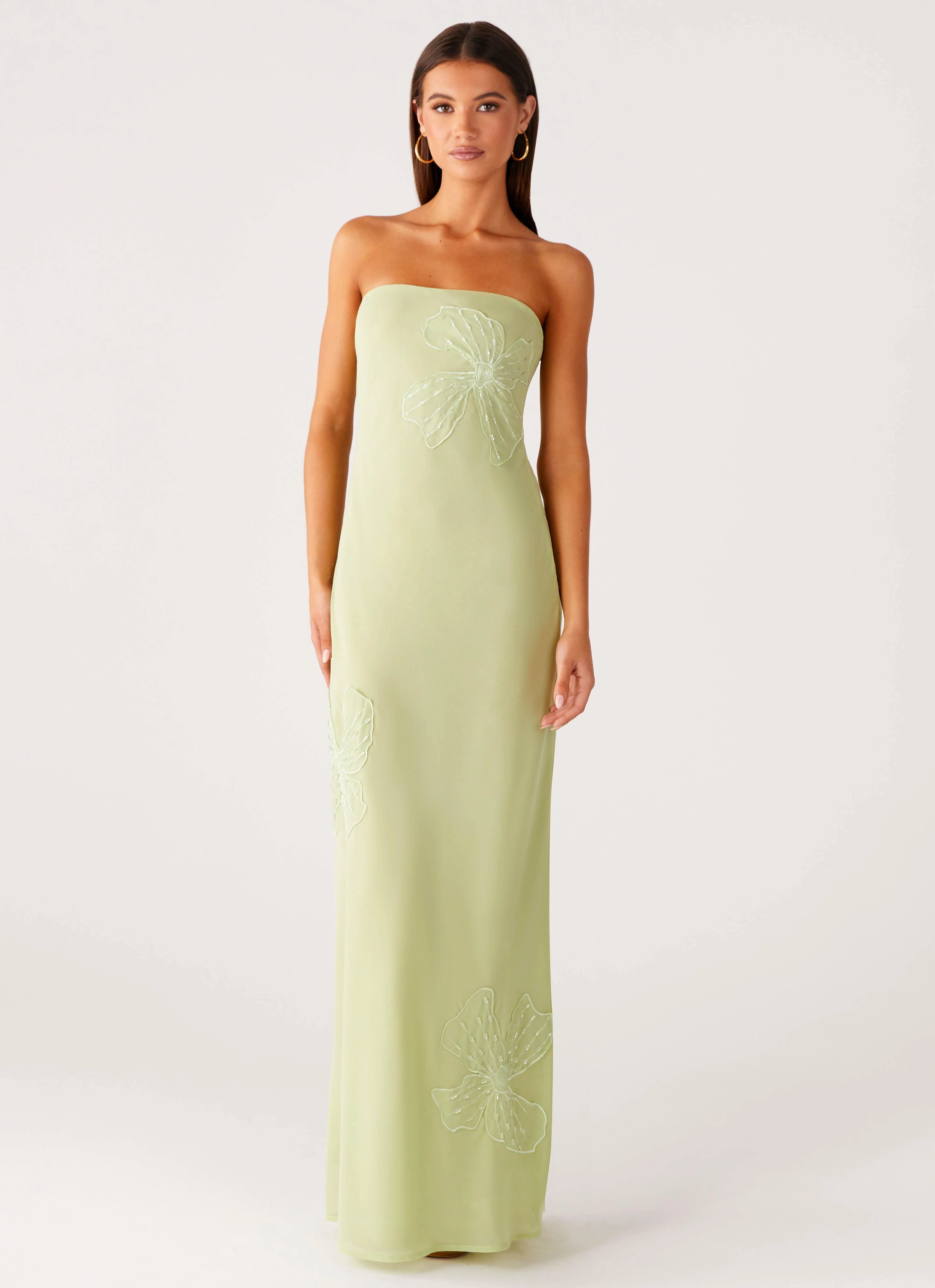 Sassafras Beaded Flower Strapless Maxi Dress - Lime Square Neck