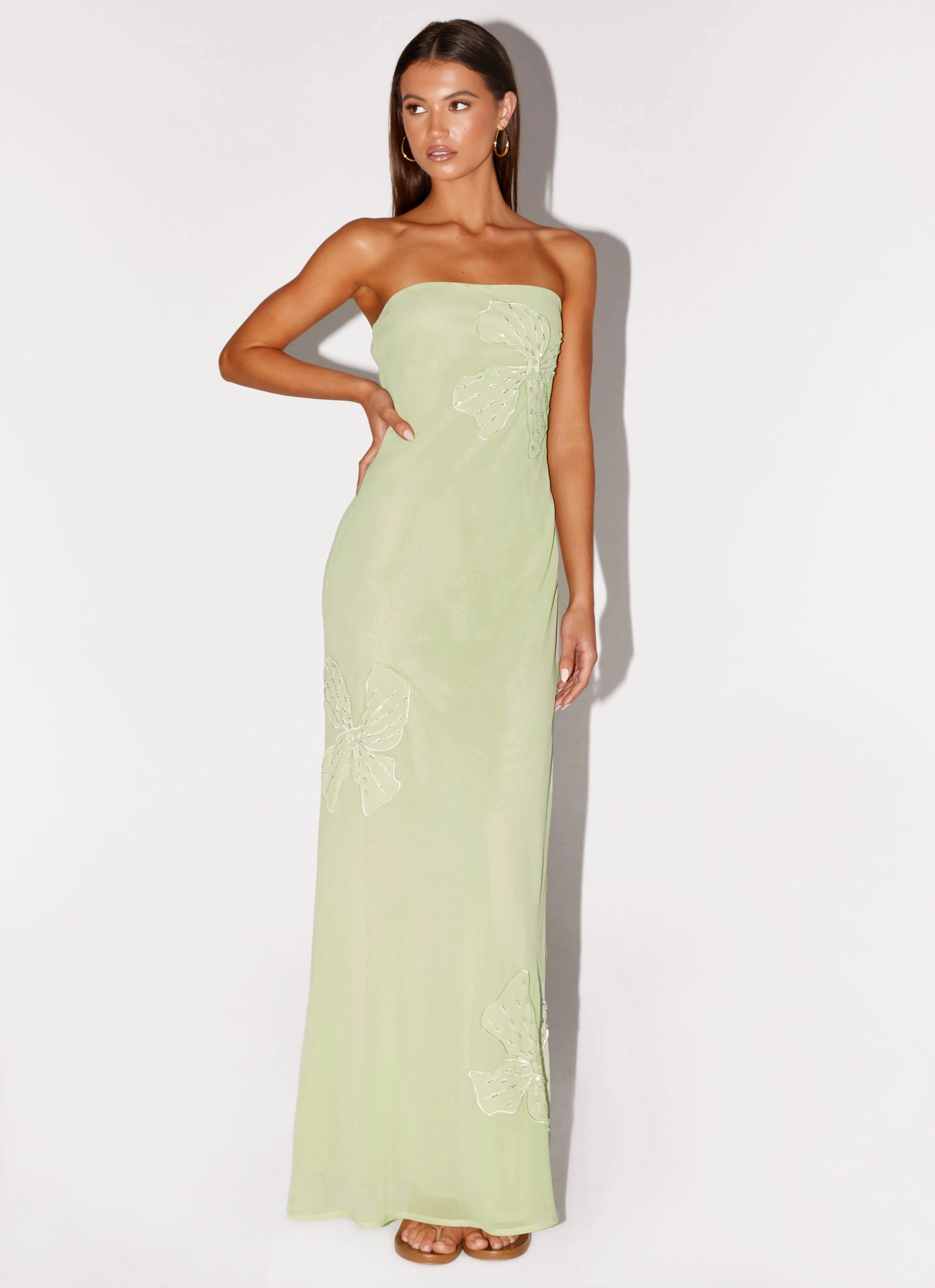 Feminine Energy Sleek Design Sassafras Beaded Flower Strapless Maxi Dress - Lime