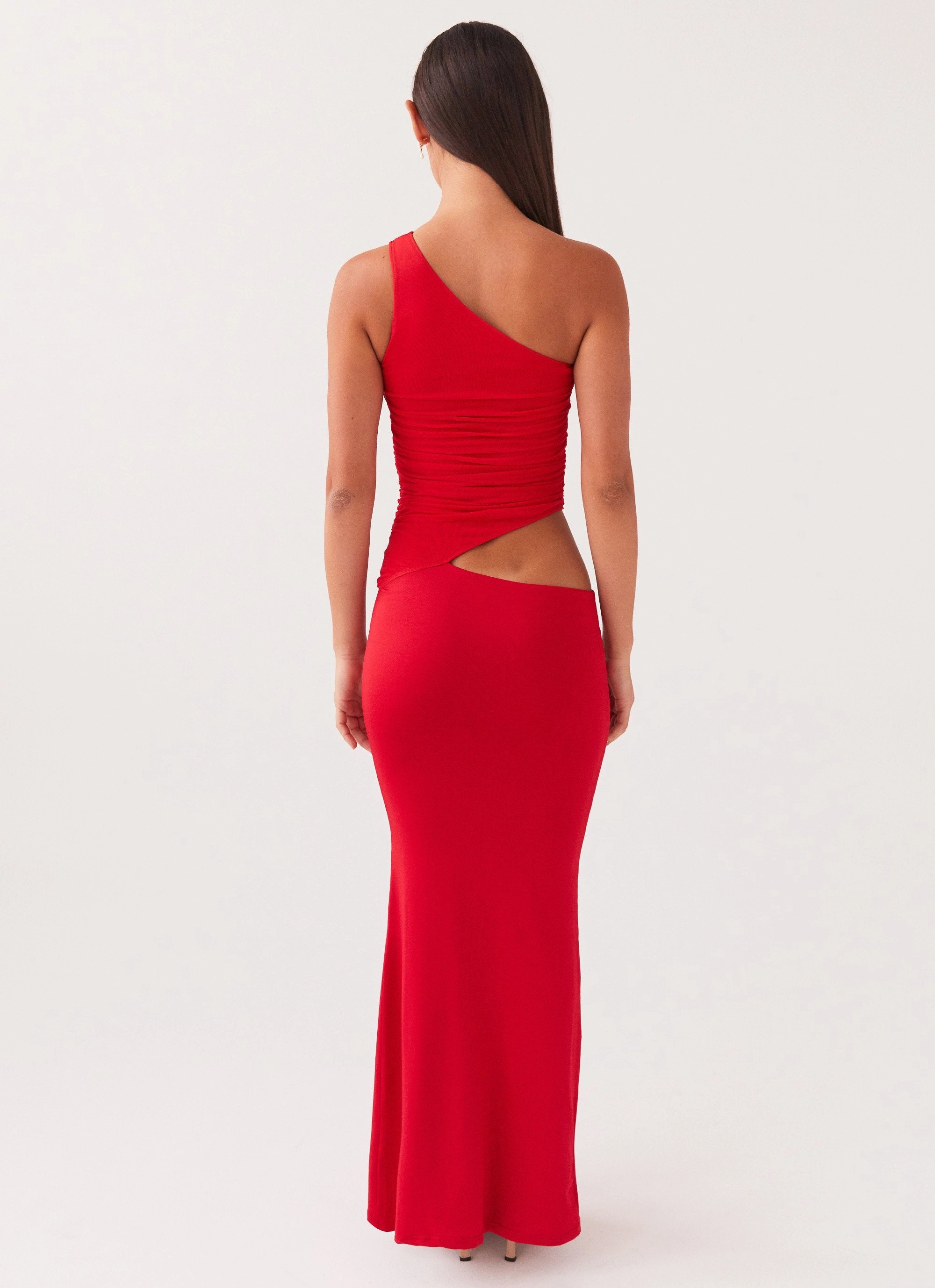 Balanced Light Breath Soft Seranella One Shoulder Maxi Dress - Cherry Red