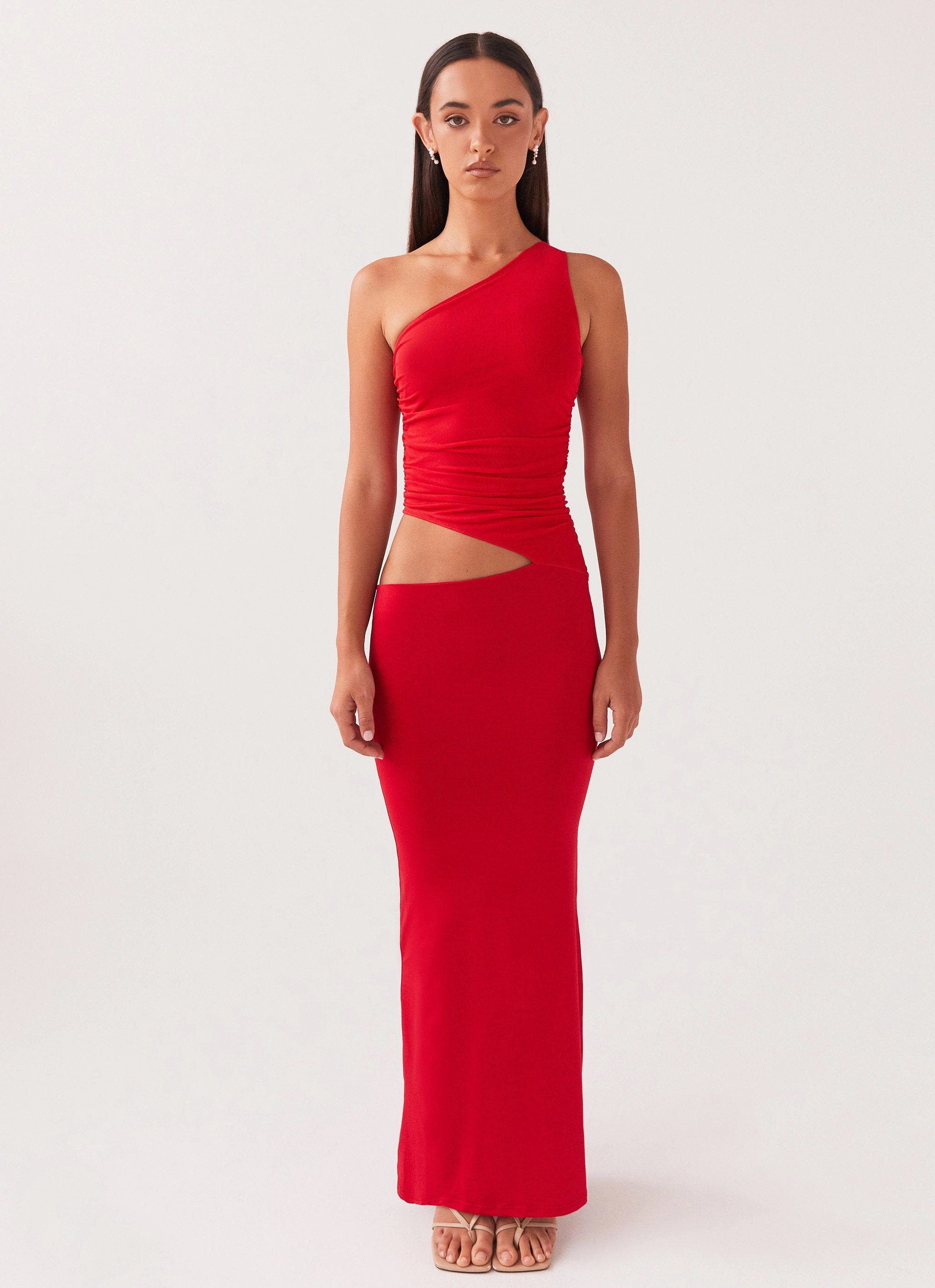 Seranella One Shoulder Maxi Dress - Cherry Red Minimal Cut
