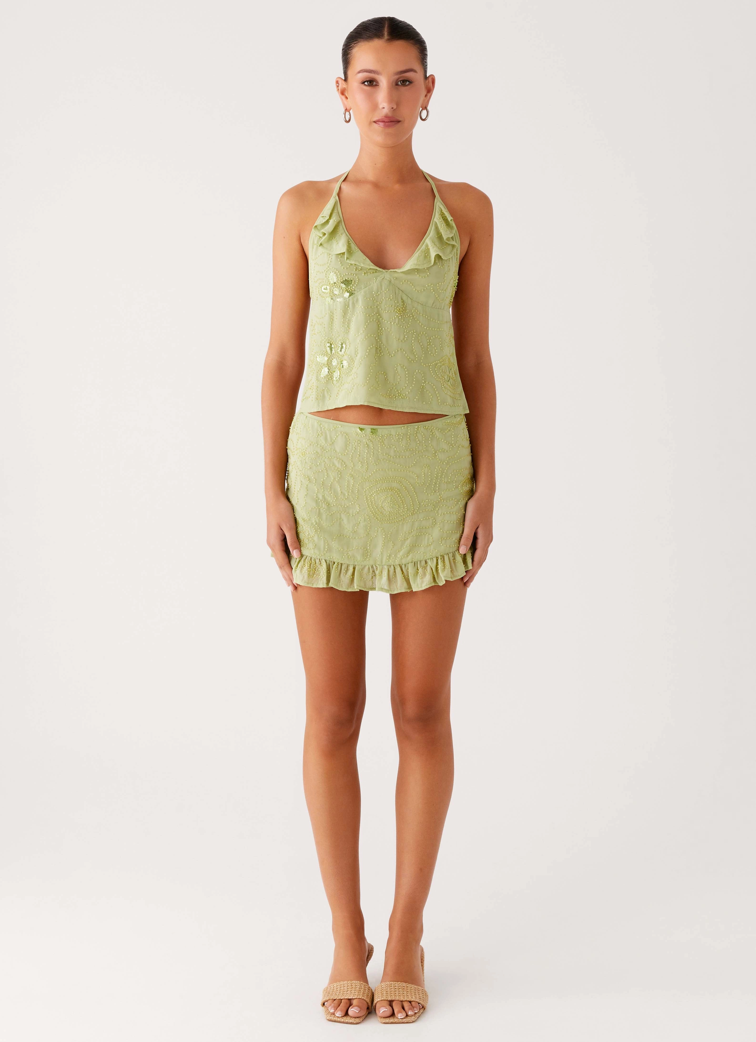 Savoir Beaded Halter Top - Mint Bonded Hemline