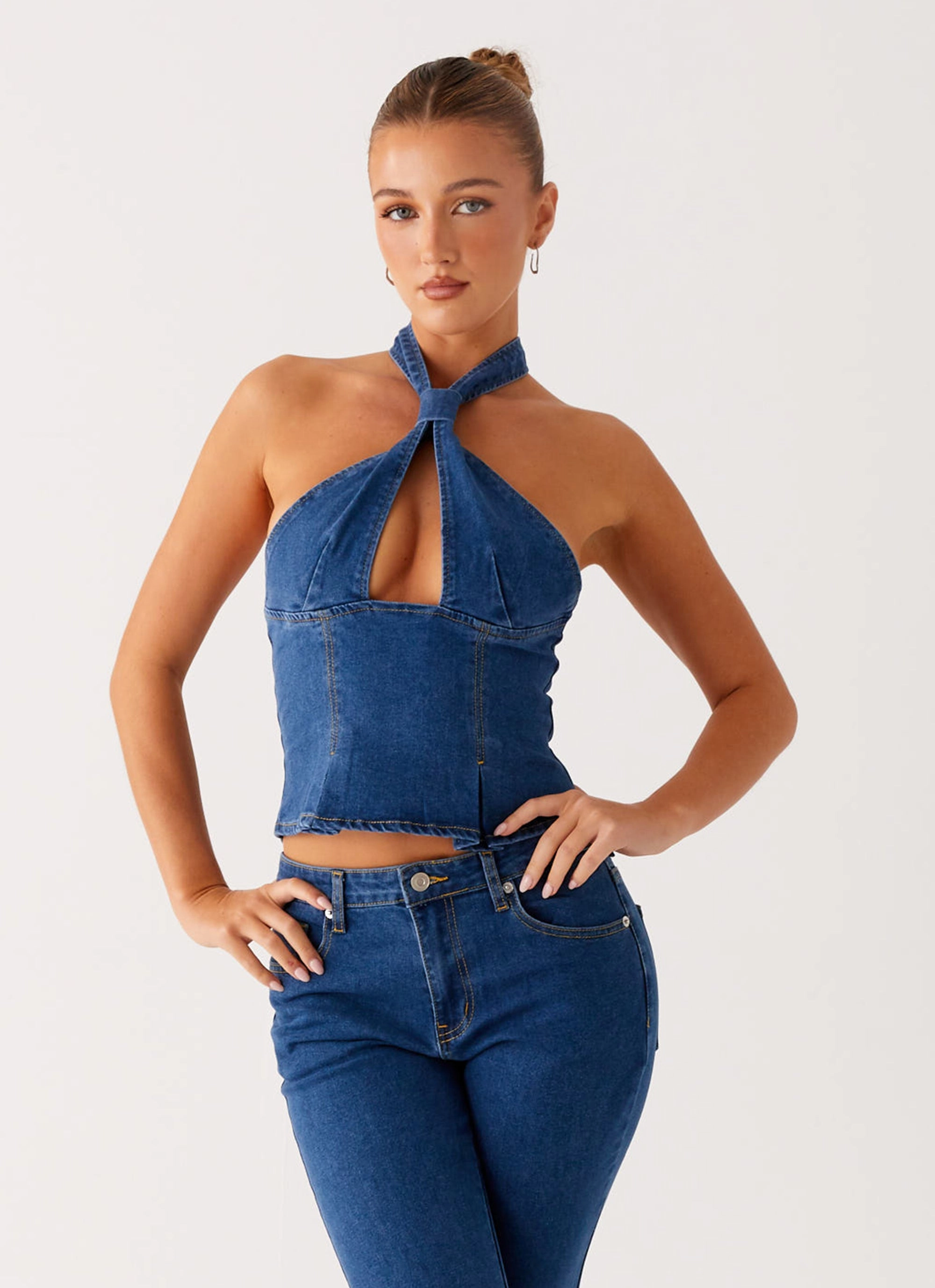 Saylor Halter Denim Top - Indigo Taped Neckline NonChafingTrim