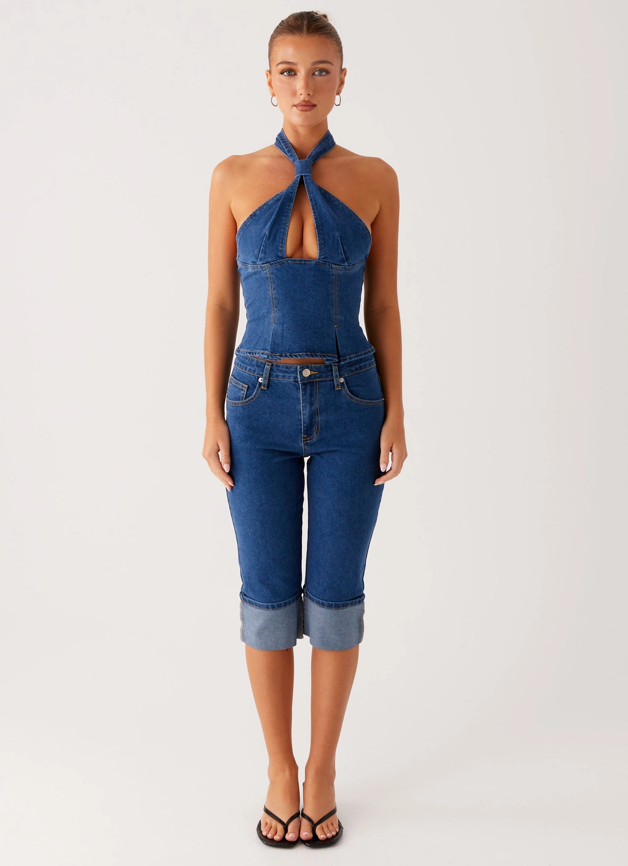 Reinforced Seam Technique Saylor Halter Denim Top - Indigo
