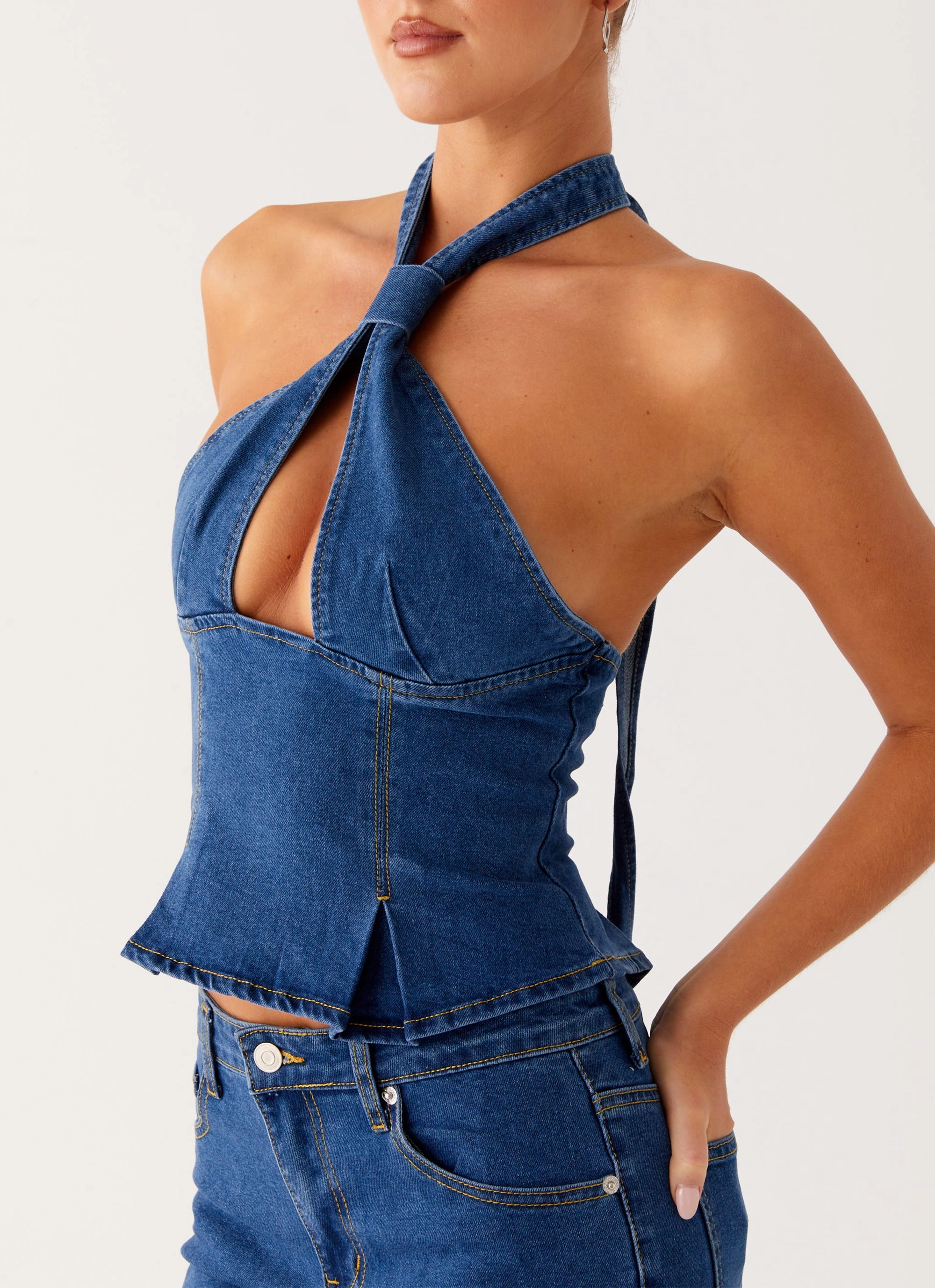 Comfy Fit Ergonomic Shoulder Shape Saylor Halter Denim Top - Indigo