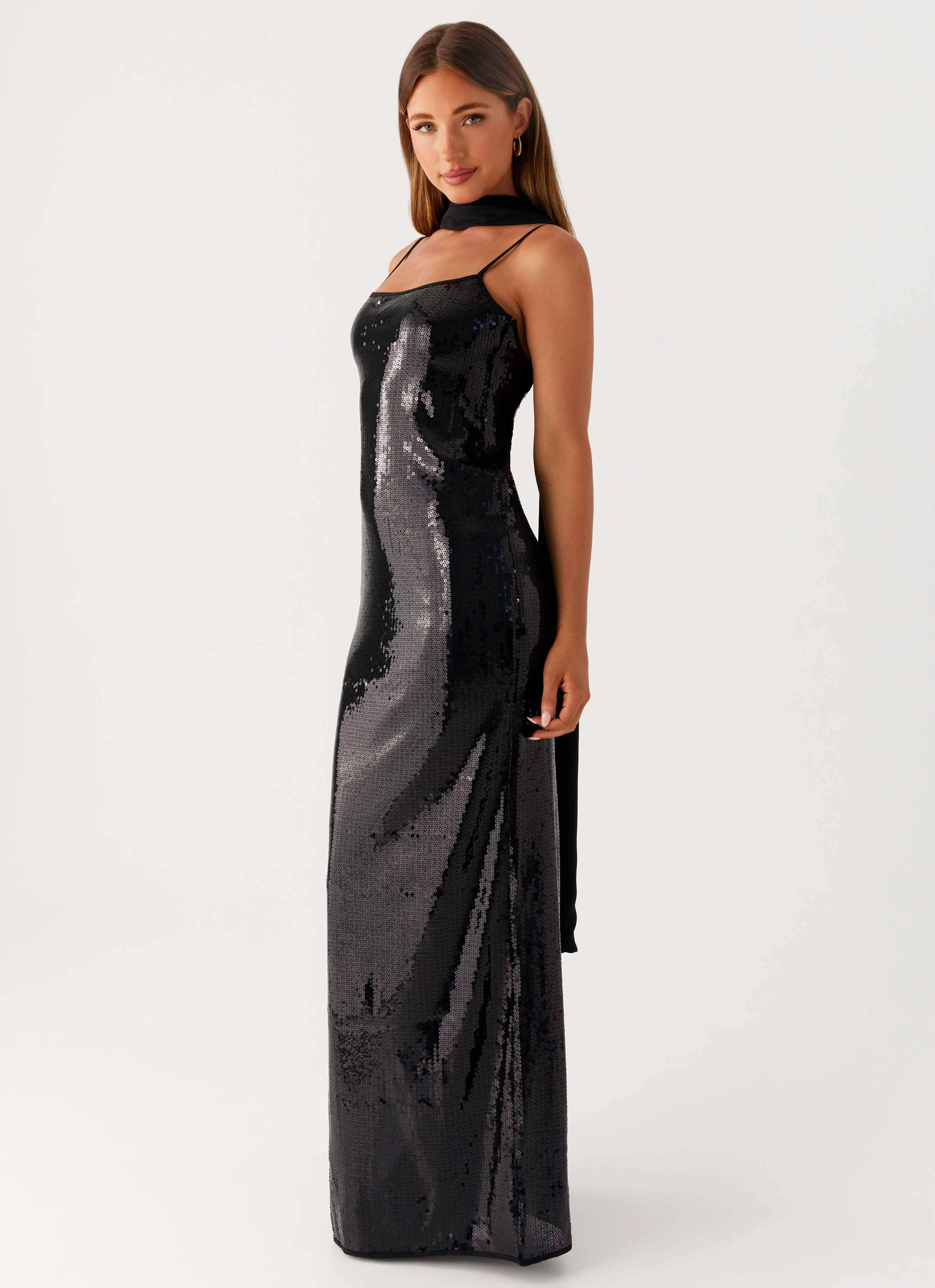 Scarf Neck Sequins Maxi Dress - Black High Cut Warm-Layer