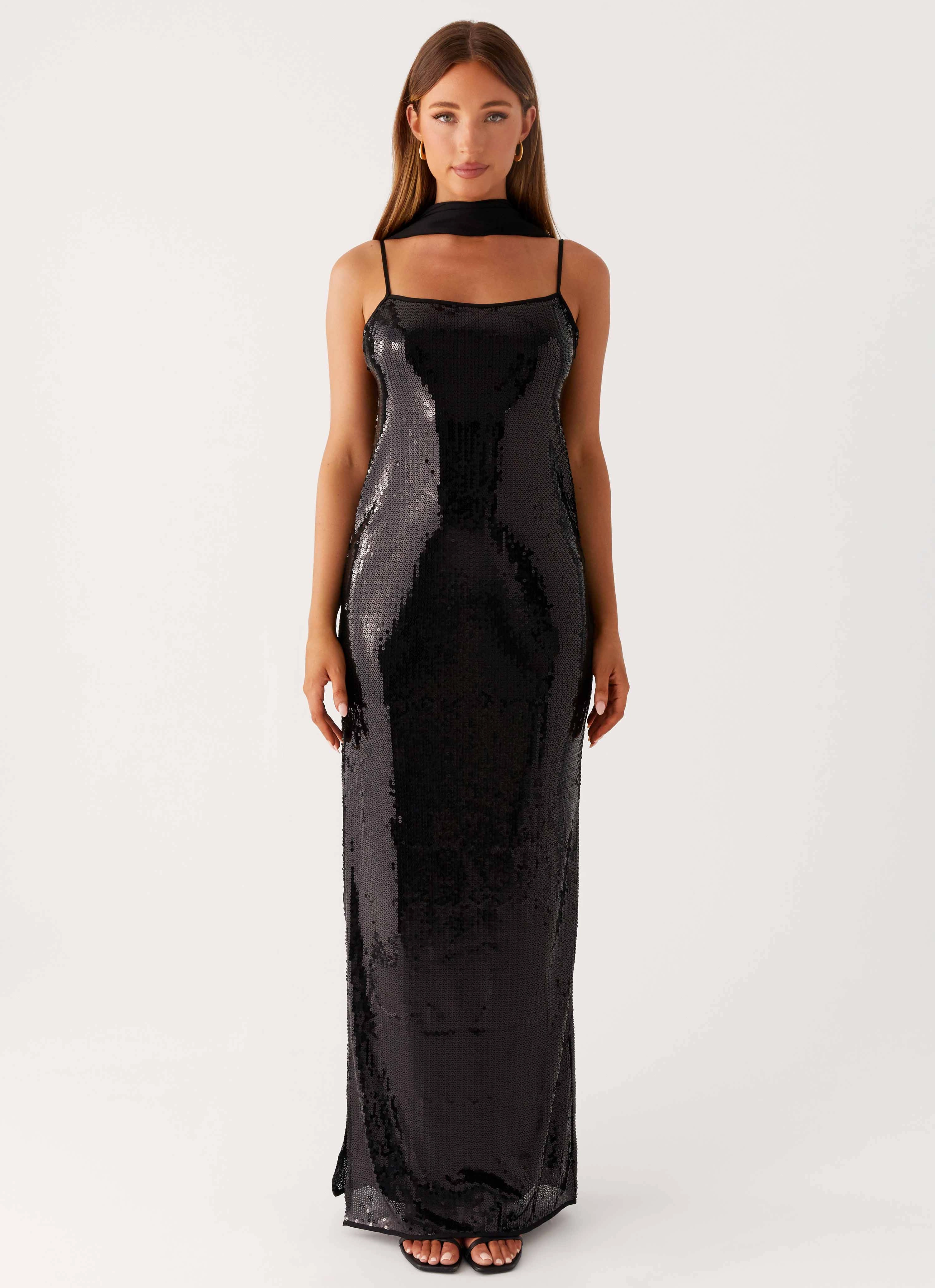 Scarf Neck Sequins Maxi Dress - Black windproof