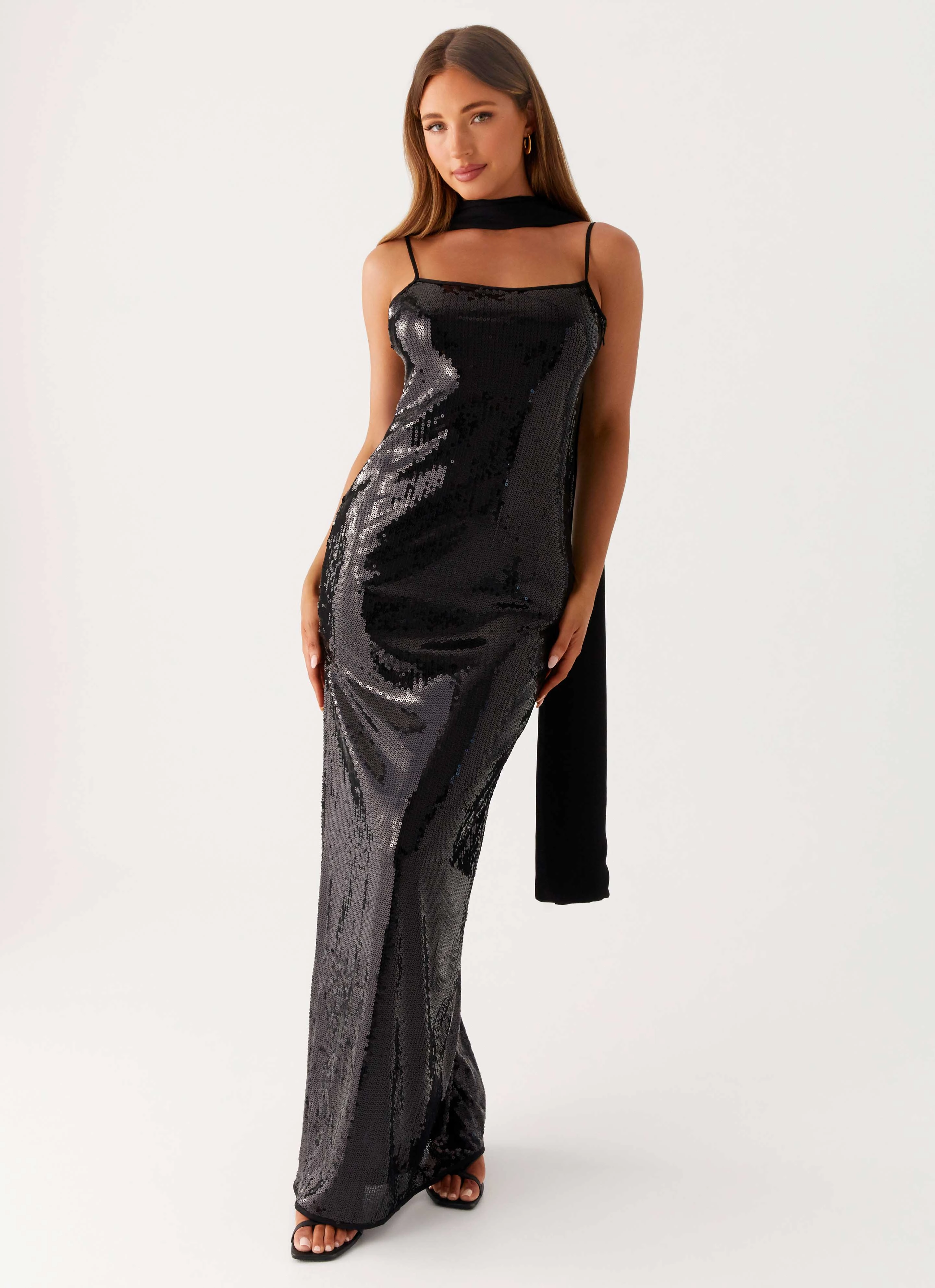 Scarf Neck Sequins Maxi Dress - Black Breath Ease Classic Layer