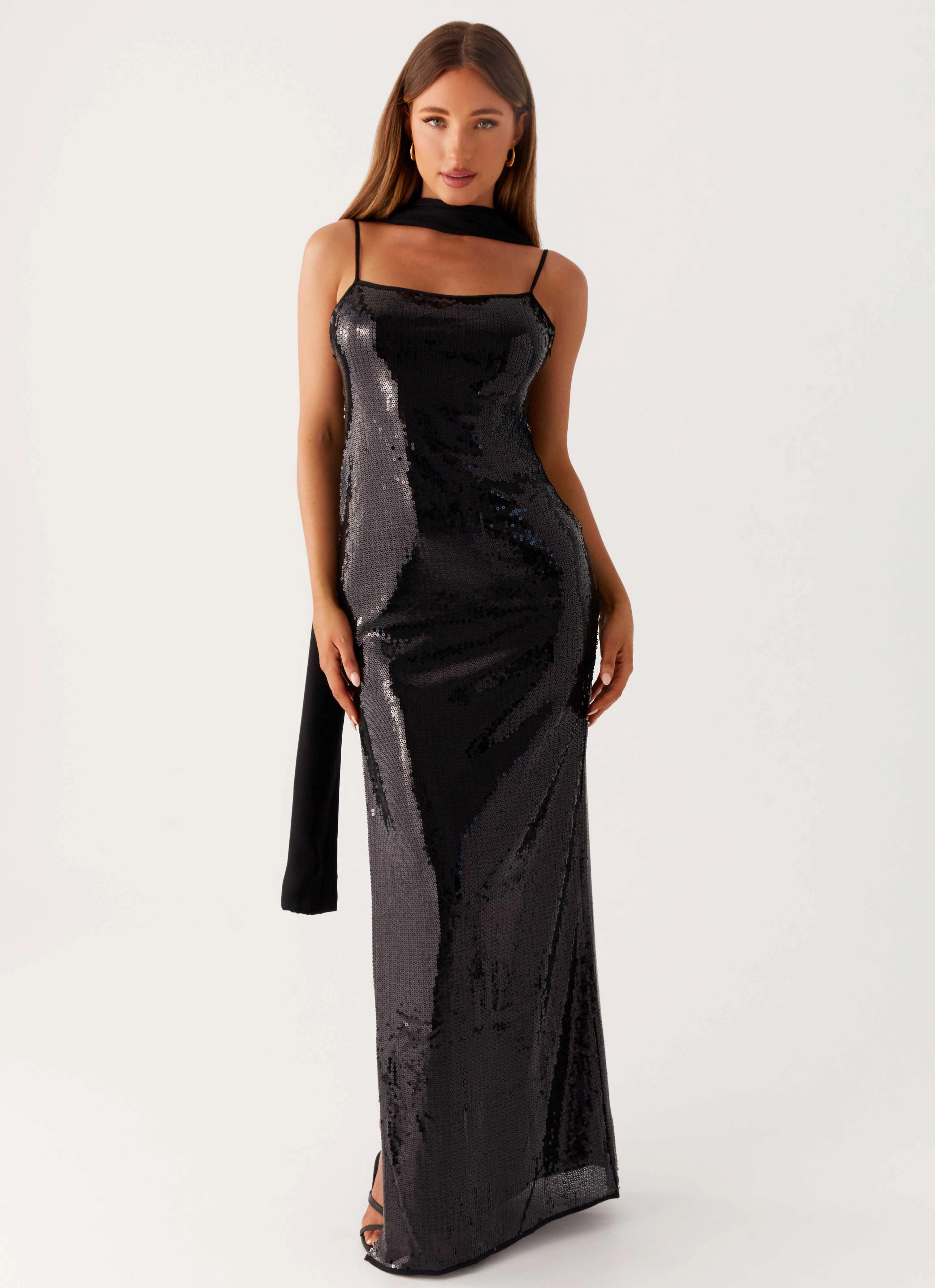 Edgy Layers Scarf Neck Sequins Maxi Dress - Black