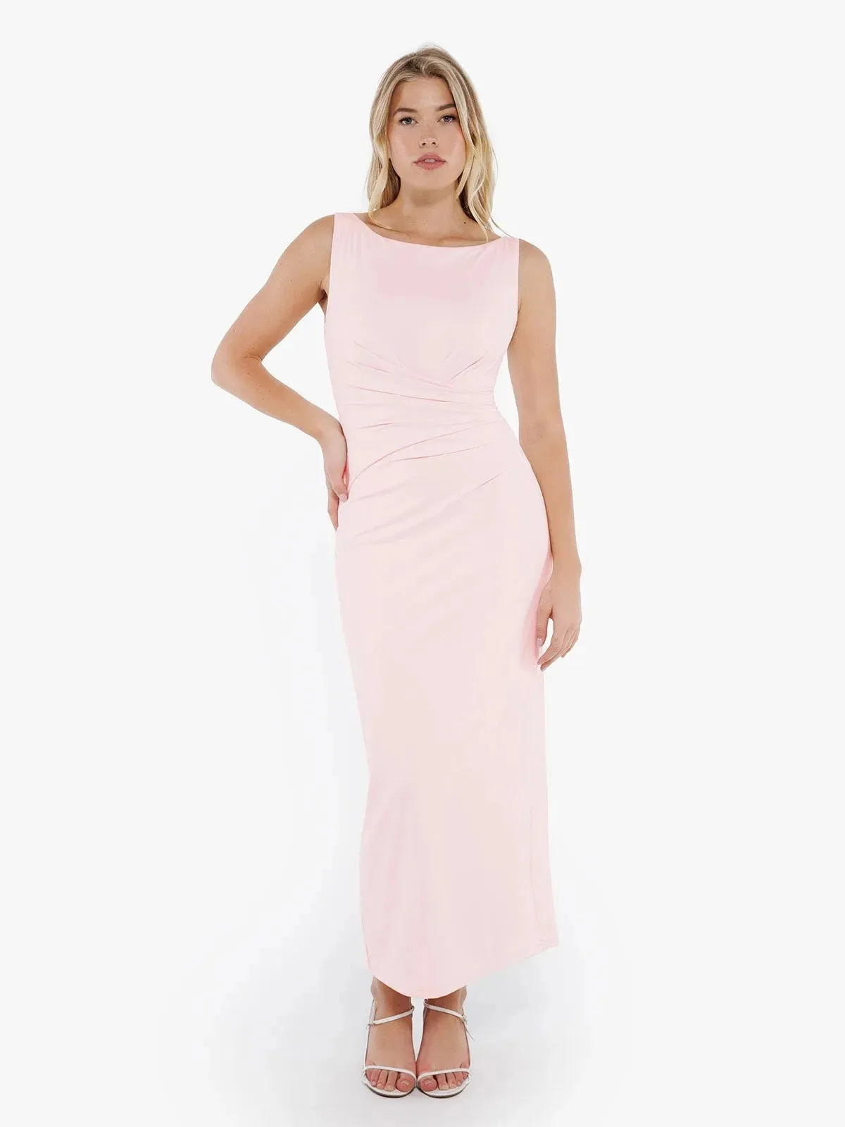 Two Tone Weave Shapewear Boatneck Draped Sculpting Maxi Dress