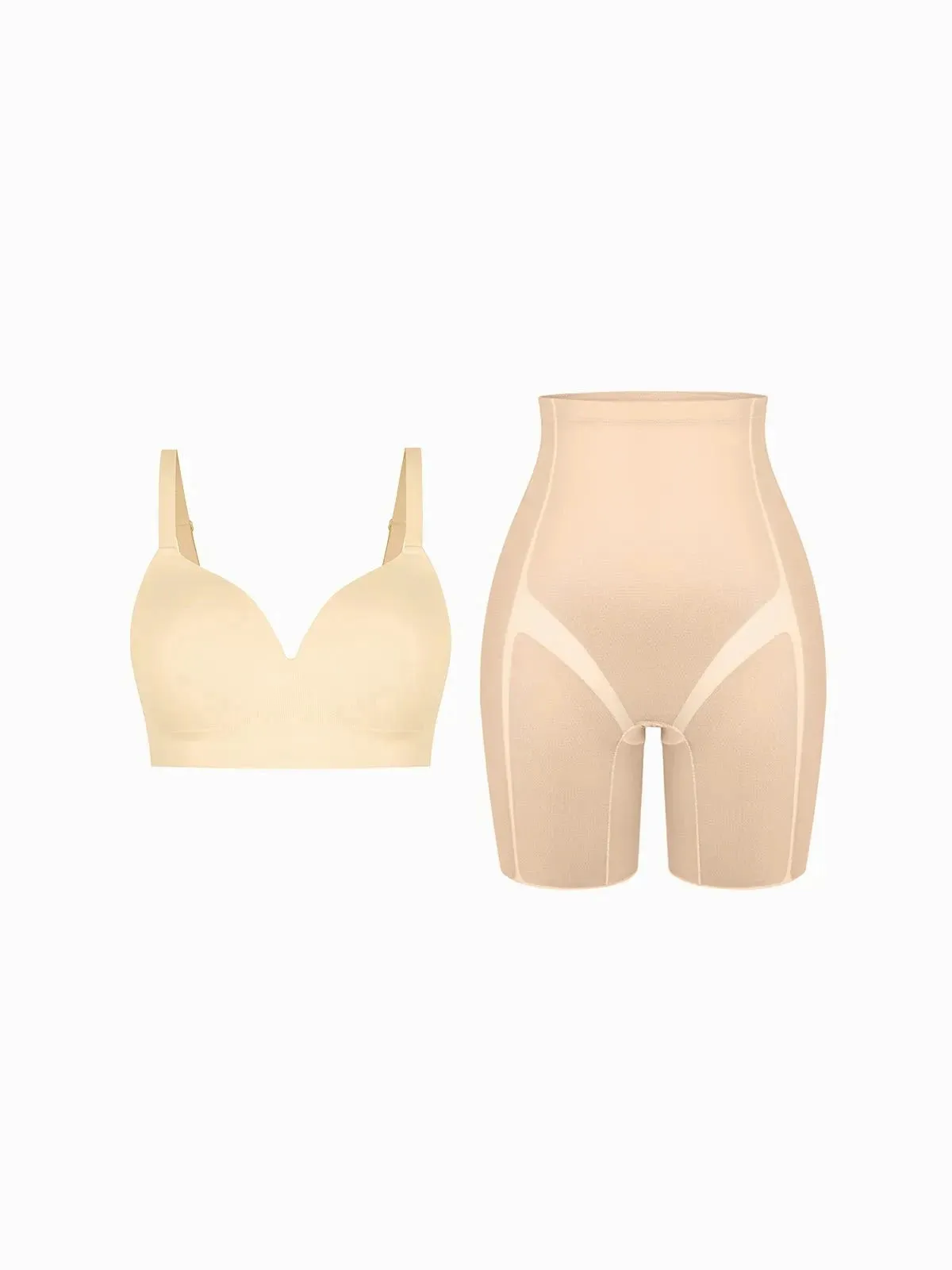 Seamless Wireless Push-Up V-Neck Bra Butt-Lifting Shorts Set VentilatedMesh Airflow Vents