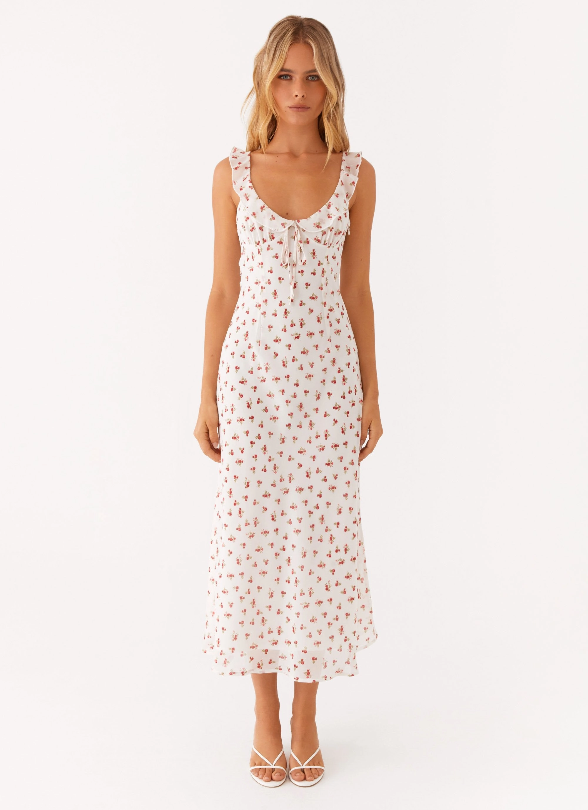 Sharp Motion Joy Glow Second Guessing Midi Dress - Red White Floral