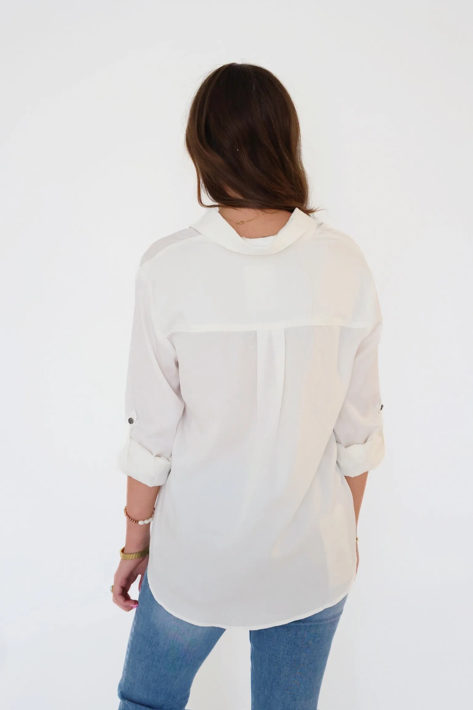 Elise Tencel Top- Off White Reflective Trim Details